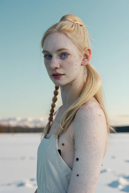 (pale white:1.5) dbwl woman  with (pale_white_skin:1.5),

[(beauty_marks:1.3):(light beauty_marks:.01):8],
[(pale white skin:1.5) (with many moles:.01) (and beauty_marks:.01):3], 
 [(Natural light_blonde_hair:1), (light_blonde_eyelashes, light_blonde_eyebrows:1.3):4], [(blue_eyes:1):4], 
Nordic Scandinavian albino,

 (medium shot:.4), (full body shot:1.2),
Clean face, (ponytail_hairstyle:1.3), 

 detailed_skin, (fit:1), (sunny:1.1), front light, well lit, bare arms, arctic, (snow), outdoors, nature, Scandinavia, unedited photograph, detailed, happy, dress, high resolution, photograph, RAW photo, in frame, 

BREAK 
[(large beauty_marks:.01), (many large light moles:1.55):8],