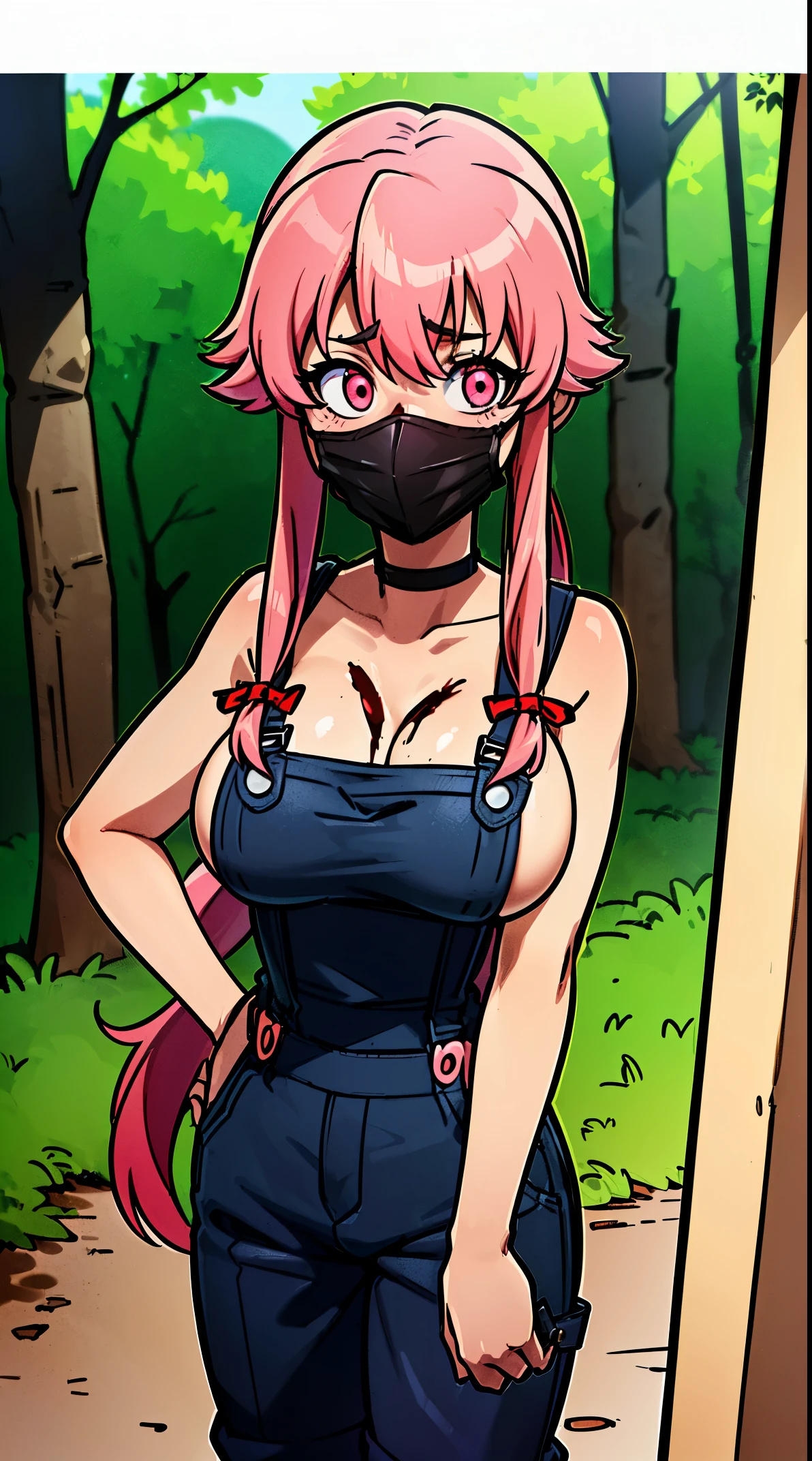 anime_still, masterpiece, best quality, 1girl, Gasai Yuno, long hair, pink hair, low twintails, smile, naked, red eyes, (large breasts:1.5),1girl, black choker, dark grey, (overalls:1.25), leather gloves, black boots, ((nigth:1.5)), (chasing you through the woods BY yuno gasai), moonlight, blood on floor, horror scane, (horror movie post:1.5) (evil eyes:1.6), (horror_movies:1.5), (woods:1.6),(dark:1.7), (out_boorlood on hands:1.5), (blood stain:1.25), (black face mask:1.25)