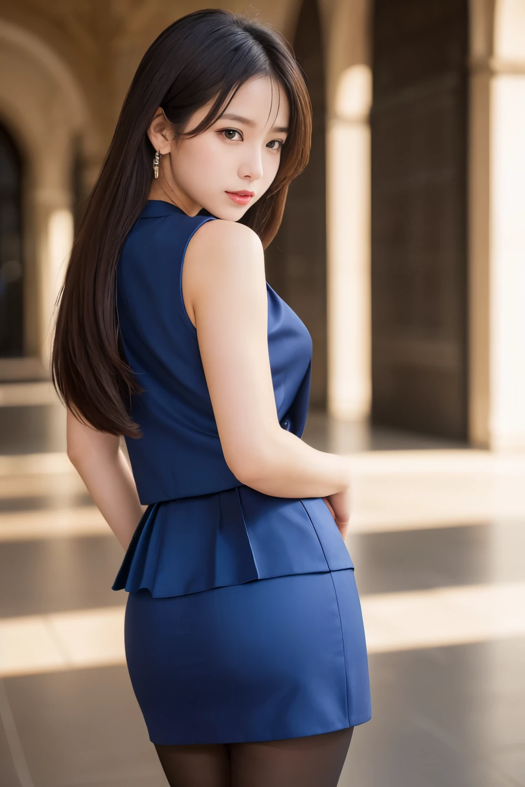 Best Quality、Top image quality、Ultra HD Images、((1人の女性、View photographer))、((Well-formed face、Actress face、Model face))、 Back Pose、 back-view, Waist - Waist up shot、Portrait from below and from behind、((Blue suit、Blue tight skirt、Black pantyhose))、((Perfect limbs))