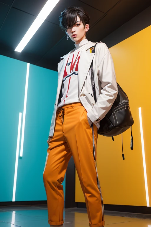 a man, in a dynamic pose wearing an expensive and fashionable outfit, designed by Gucci::3, tumblr, inspired by Yanjun Cheng style, digital art, internet boy lofi meme, trend in dezeen, catalog photo, 3 d render beeple, rhads and lois van baarle, cartoon style illustration, bright pastel colors, a beautiful art illustration, retro anime boy --ar 2:3 --q 2