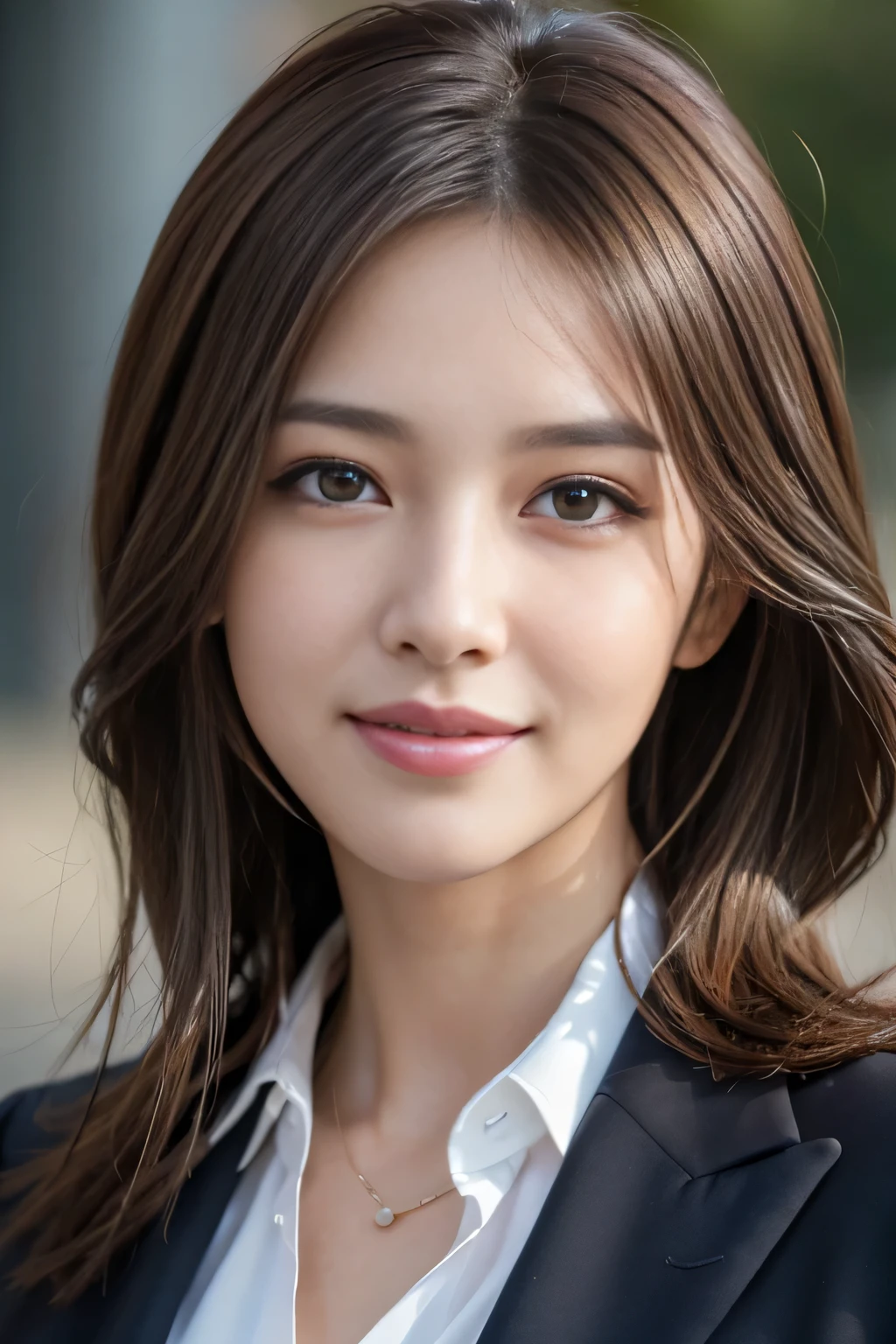 masutepiece, Best Quality, Photorealistic, Ultra-detailed, finely detail, High resolution, 8K Wallpaper, 1 beautiful woman,, light brown messy hair, in a business suit, foco nítido, Perfect dynamic composition, Beautiful detailed eyes, detailed hairs, Detailed realistic skin texture, Smiling, Close-up portrait, Model body type