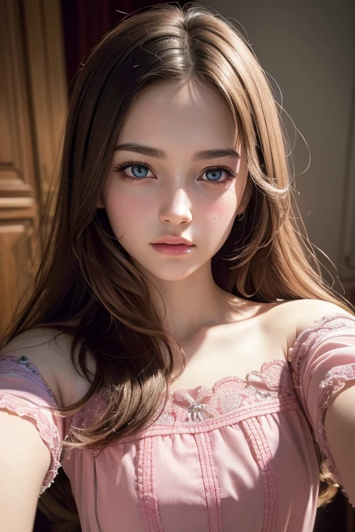 (Masterpiece, best quality, photorealistic, highres, photography, selfie :1.3), sharp focus, 1 brunette girl, European girl, hot model, intricate detailed eyes, realistic detailed pupils, realistic skin, slim body shape, cleavage, intricate detailed hair, sexy, ((wearing v neck t-shirt and pendant)), indoor, ((realistic, super realistic, realism, realistic detail))