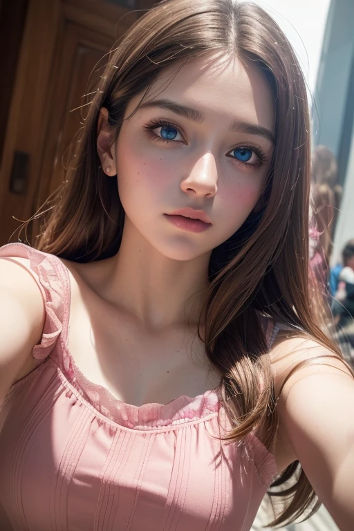 8K, Best Quality, Masterpiece, Ultra High Resolution, (Realism: 1.4), Original Photo, (Realistic Skin Texture: 1.3), (Film Grain: 1.3), (Selfie Angle), 1 Girl, Pink Clothes, Sapphire Color Eyes and Beautiful Face Details, Masterpiece, Best Quality, Close Up, Upper Body