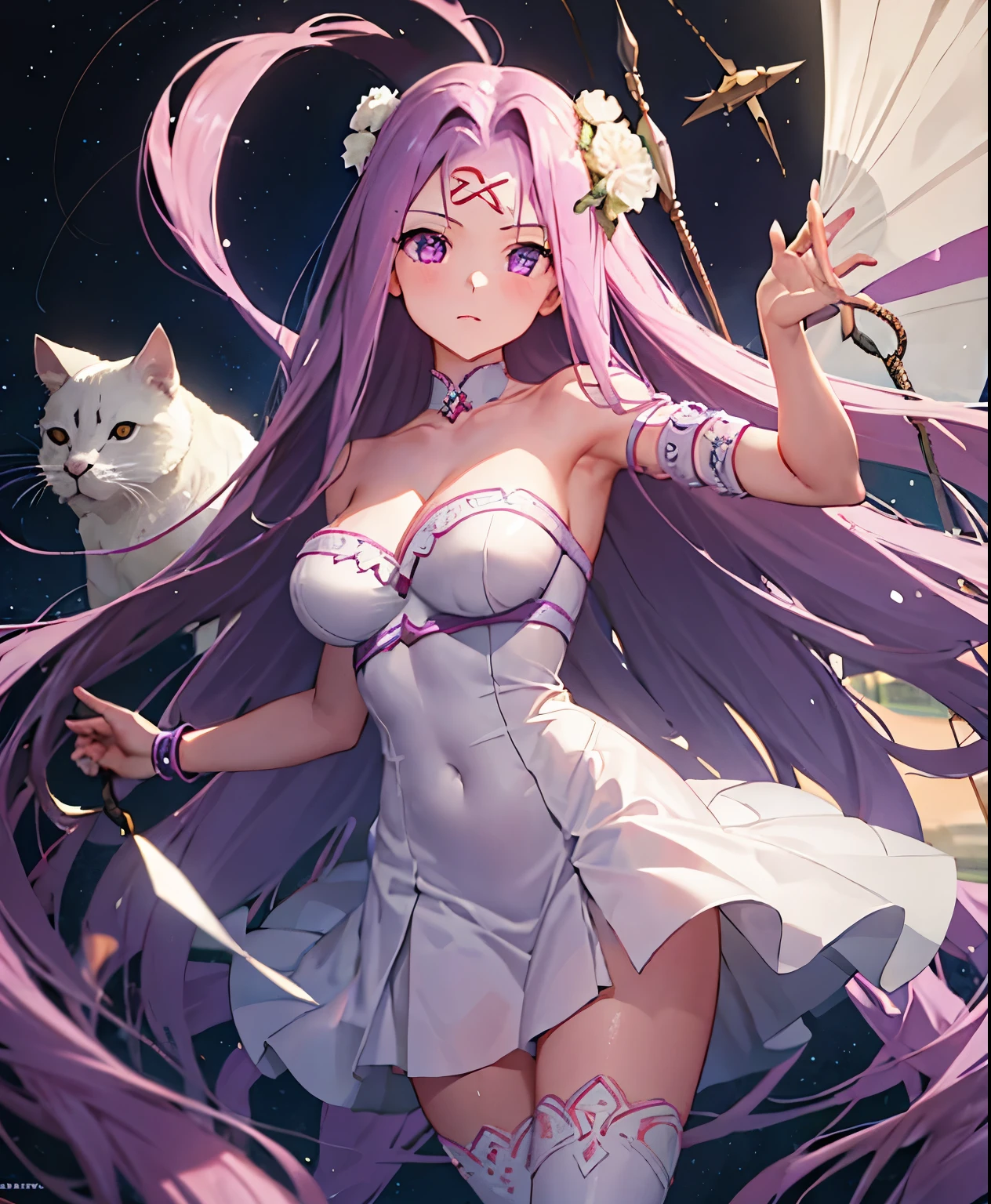 1girl, best quality, masterpiece, high resolution, solo, {white dress:1.40}, {short dress:1.20}, {medusa_fgo:1.15}, long_hair, purple_hair, very_long_hair, purple_eyes, breasts, big_breasts