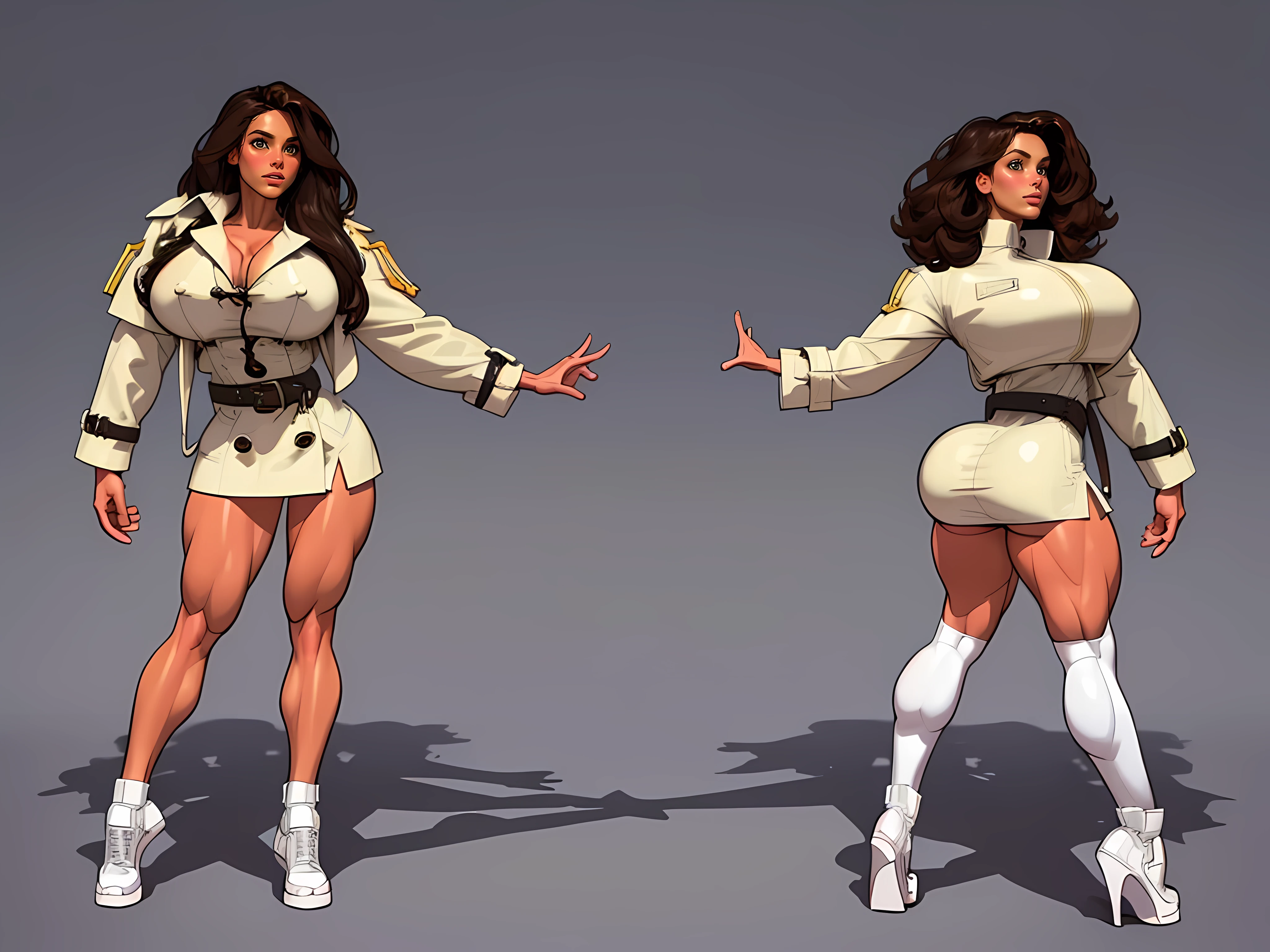 ((masterpiece)),(((best quality))),((-yeld swsh girl)), ((full body view)) ((Beautiful)), defined cheekbones, high cheekbones, illustration, ((detailed face:1.4)) beautiful woman, (vintage clothing:1.4), (full hair:1.6), (trench coat:1.4) (straps:1.3) , shiny skin, scribbles and marks,(puffy lips:1.4) , rough sketches, gigantic breasts, 8k,16k, ( background, white background: 1.3) white and blue color palette, brown legs, brown arms, brown face, ((Female Bodybuilder)), ((Huge Thick Muscular Legs)), ((((Huge Muscles))))
