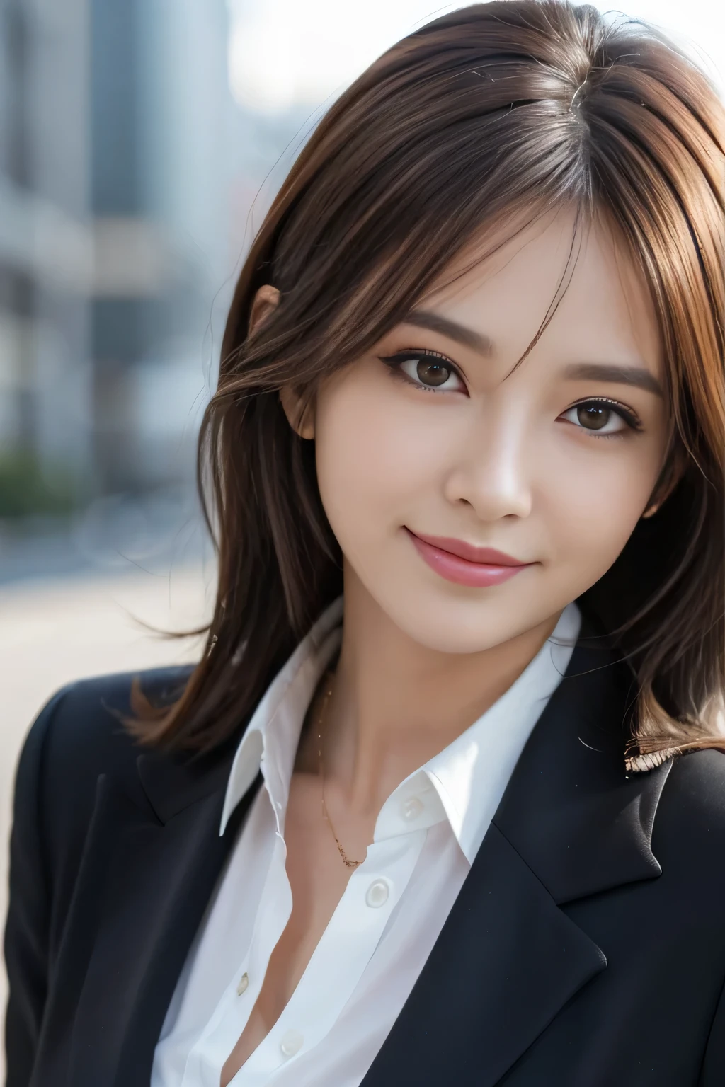 masutepiece, Best Quality, Photorealistic, Ultra-detailed, finely detail, High resolution, 8K Wallpaper, 1 beautiful woman,, light brown messy hair, in a business suit, foco nítido, Perfect dynamic composition, Beautiful detailed eyes, detailed hairs, Detailed realistic skin texture, Smiling, Close-up portrait, Model body type