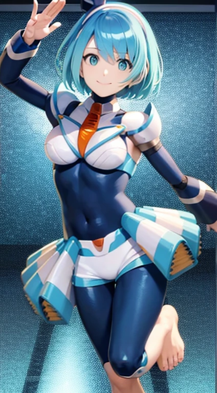 blue eyes, blue hair, (bodysuit), android, smile, short hair, ((barefoot)), (feet)
