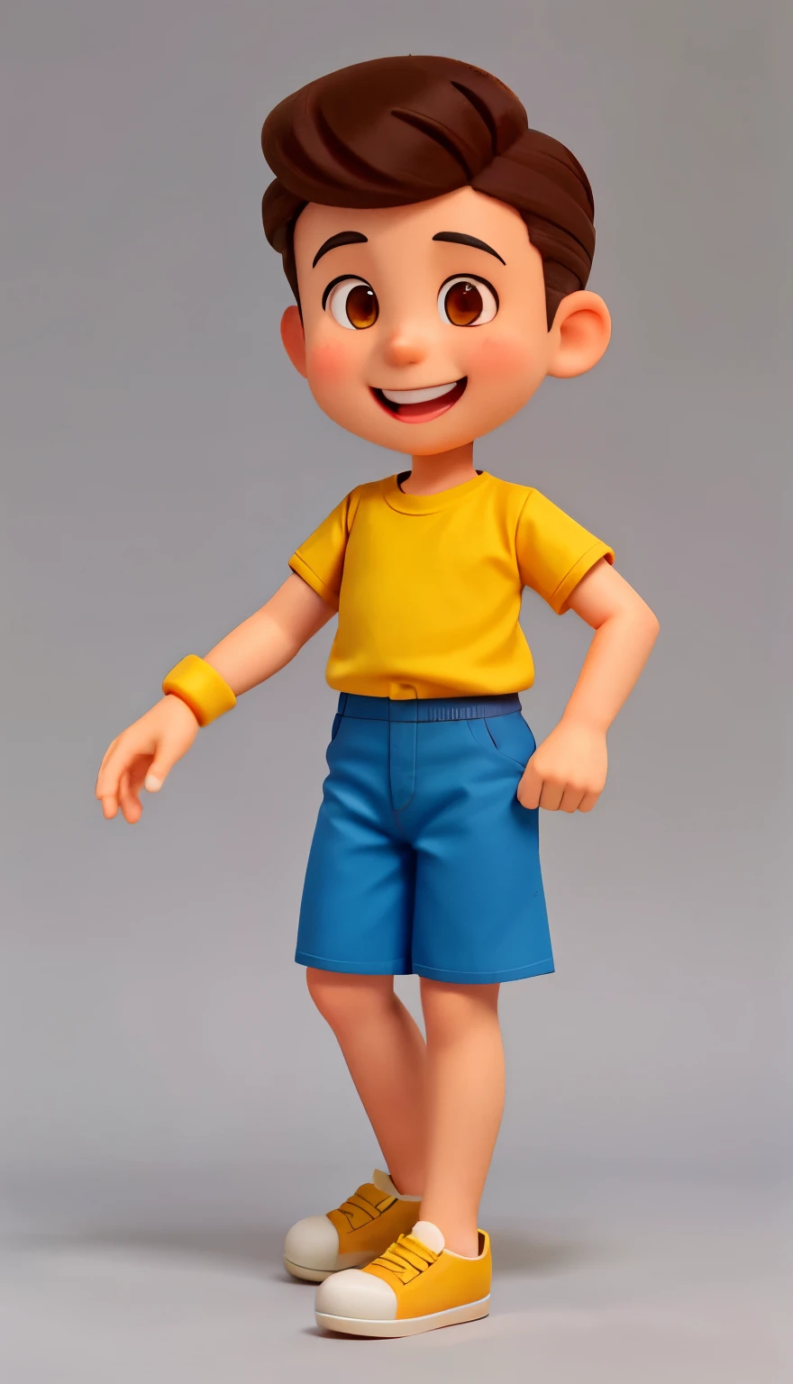 Generate a 1930s rubber hose style image representing Kike, a 3 year old boy in a yellow t-shirt, pantalones cortos azules, brown hair, ojos marrones y una sonrisa. jugando en el patio