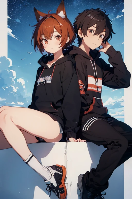 (male anime character) with a (young anime man) look. featuring (anime moe artstyle), featuring (1 male). He is wearing a (hoodie black) kemonomimi, with (auburn hair: 1.3). katsushika, neferpitou, anime moe artstyle, hana yata
