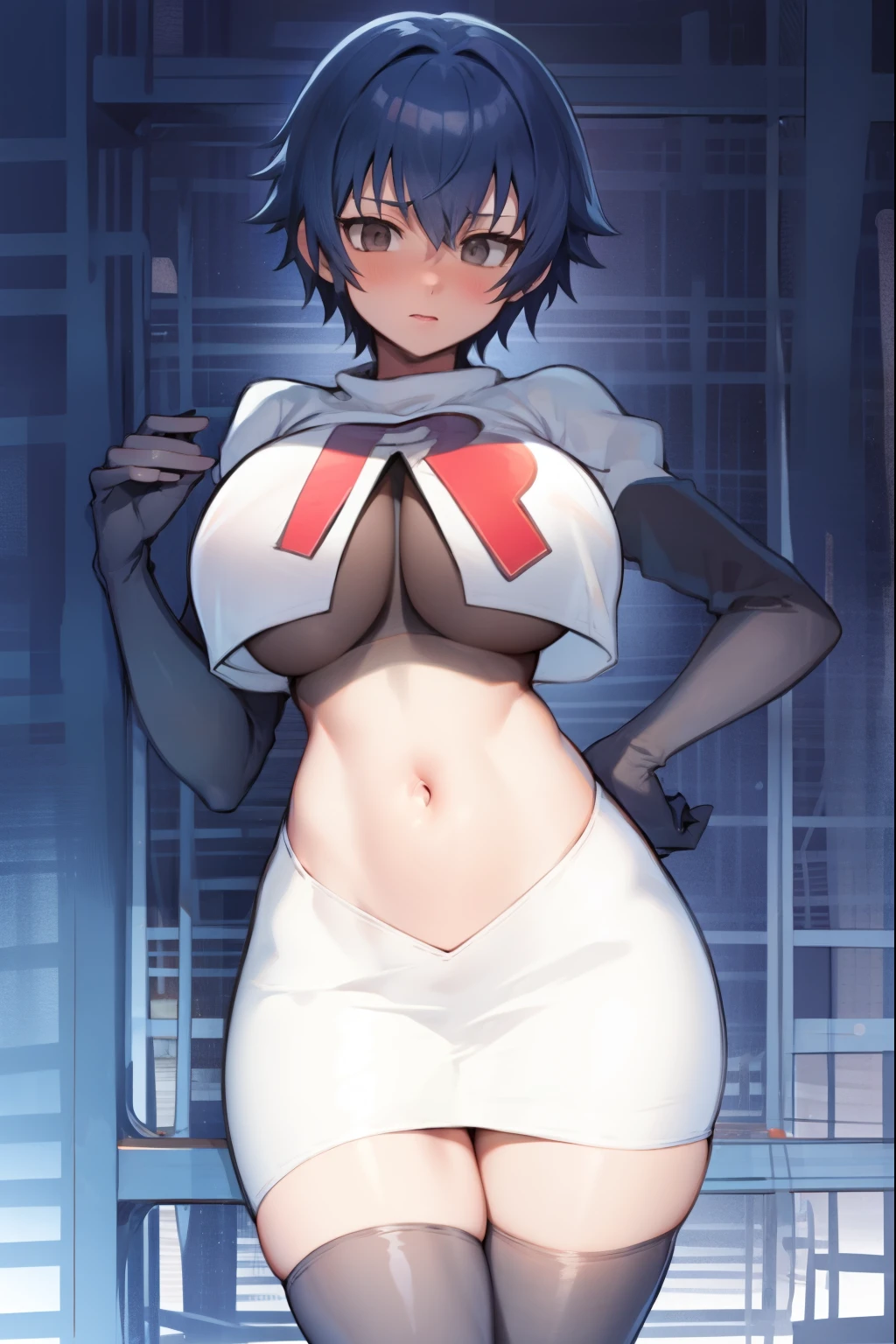 shiroganenaoto,1girl,solo,large breasts,heavy blush,(grey eyes:1.2), team rocket,team rocket uniform, red letter R, white skirt,white crop top,black thigh-highs,black elbow gloves