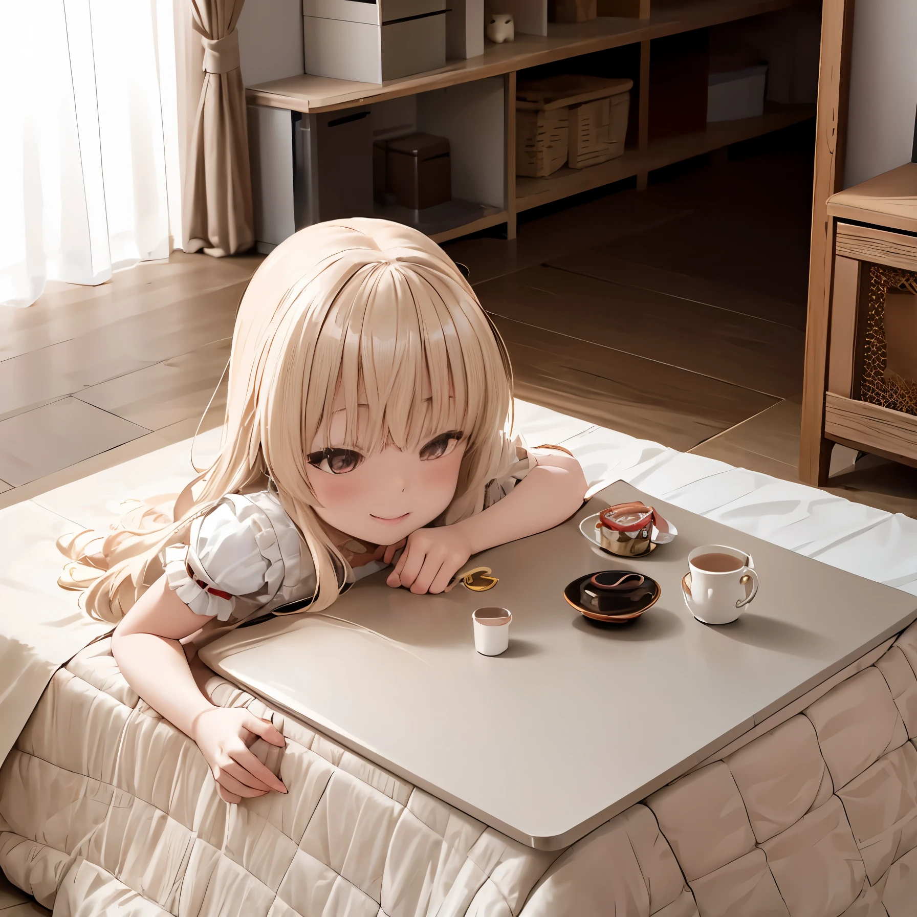 reallistic、Movie Still、In the kotatsu,Commoner Girl,Real Girl、Blonde long hair,little kindergarten girl,Exposed Girl、Showing off the vagina、发光、With smiling eyes、A delightful、Warm and soft lighting、light glow,blush