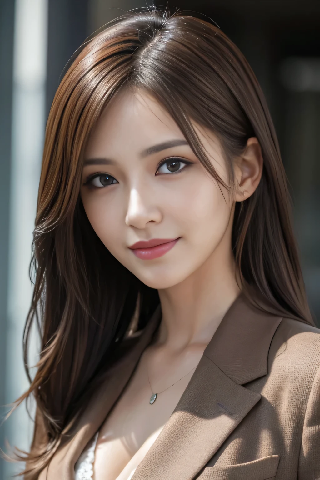 masutepiece, Best Quality, Photorealistic, Ultra-detailed, finely detail, High resolution, 8K Wallpaper, 1 beautiful woman,, light brown messy hair, in a business suit, foco nítido, Perfect dynamic composition, Beautiful detailed eyes, detailed hairs, Detailed realistic skin texture, Smiling, Close-up portrait, Model body type