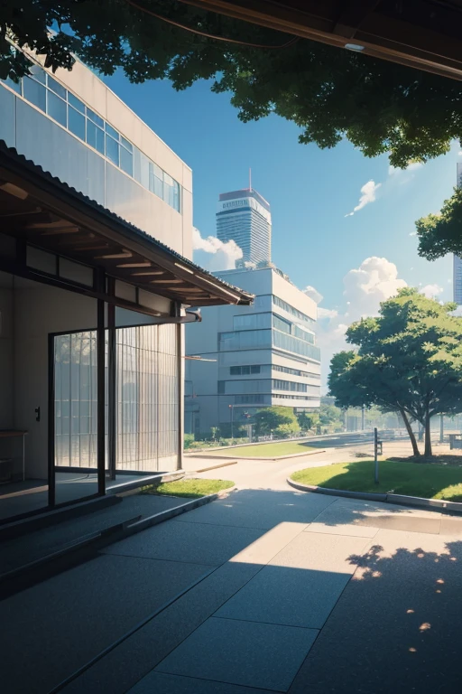 landscape, summer, sun, Tokyo, building, uninhabited, nobody, hot weather, blue sky, HD detail, ultra detail, film, hyperrealism, soft light, deep focus bokeh, ray tracing, gwise on pixiv art station, Makoto Shinkai, art germ