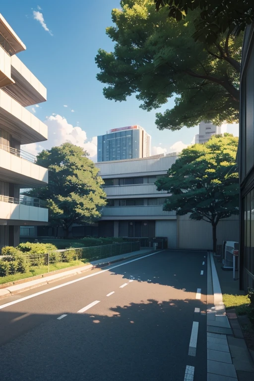 landscape, summer, sun, Tokyo, building, uninhabited, nobody, hot weather, blue sky, HD detail, ultra detail, film, hyperrealism, soft light, deep focus bokeh, ray tracing, gwise on pixiv art station, Makoto Shinkai, art germ