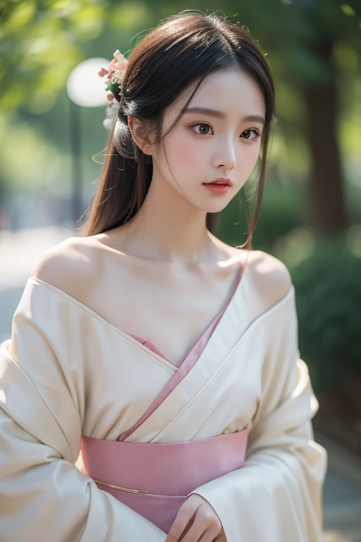 Best Quality, Masterpiece, High Resolution, 1girl, Hanfu, Tang Dynasty Costume, Small, Flat Chest, Collarbone, Off-the-Shoulder Exquisite Face, Realistic, Real People, (High Detail Skin: 1.4), SLR, Soft Light, High Quality, Photo, High Resolution, Background Bokeh, Vintage Street