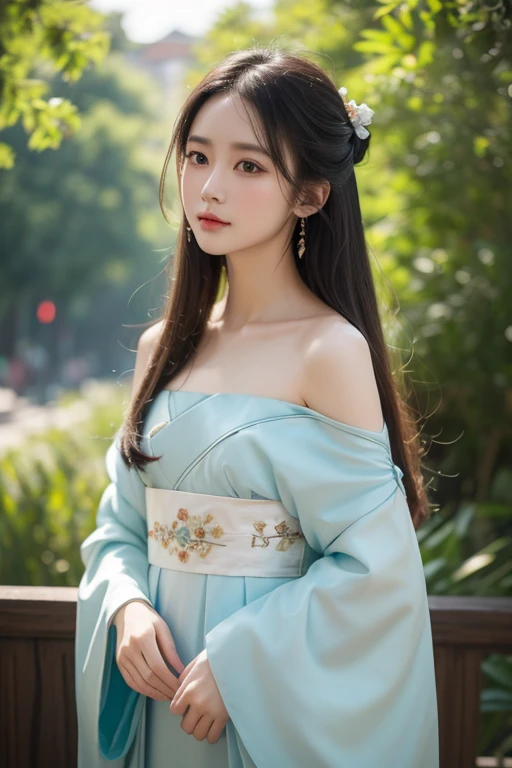Best Quality, Masterpiece, High Resolution, 1girl, Hanfu, Tang Dynasty Costume, Small, Flat Chest, Collarbone, Off-the-Shoulder Exquisite Face, Realistic, Real People, (High Detail Skin: 1.4), SLR, Soft Light, High Quality, Photo, High Resolution, Background Bokeh, Vintage Street