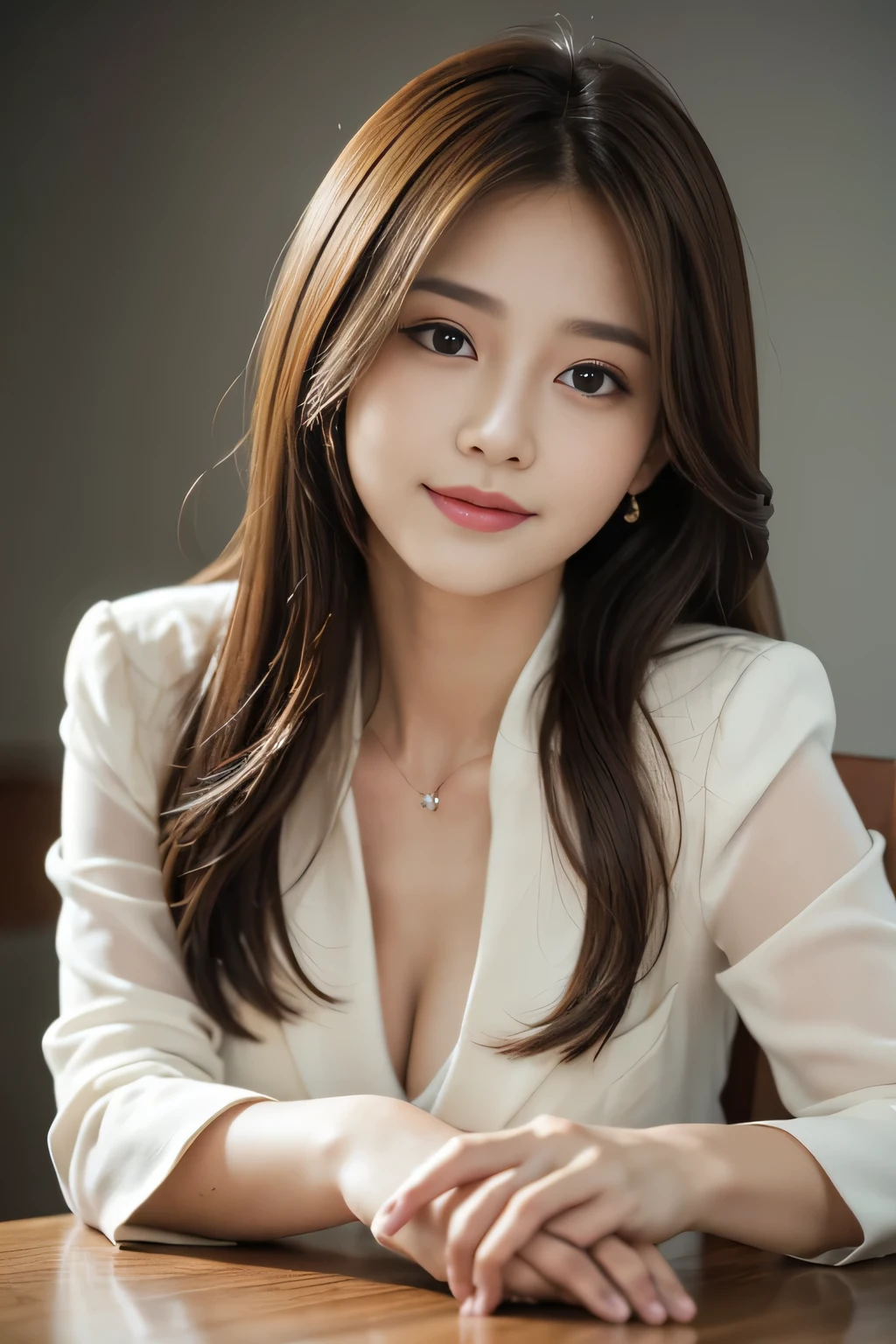 On the table, best qualtiy, realisticlying, ultra - detailed, Up to detail, hight resolution, 4k wallpaper, 1 beautiful woman,, light brown messy hair, Dressed in a suit, tack sharp focus, Perfect dynamic composition, beautiful and delicate eyes, Delicate hair, 细致realisticlying的皮肤纹理, Smiling, closeup portrait, Model body type