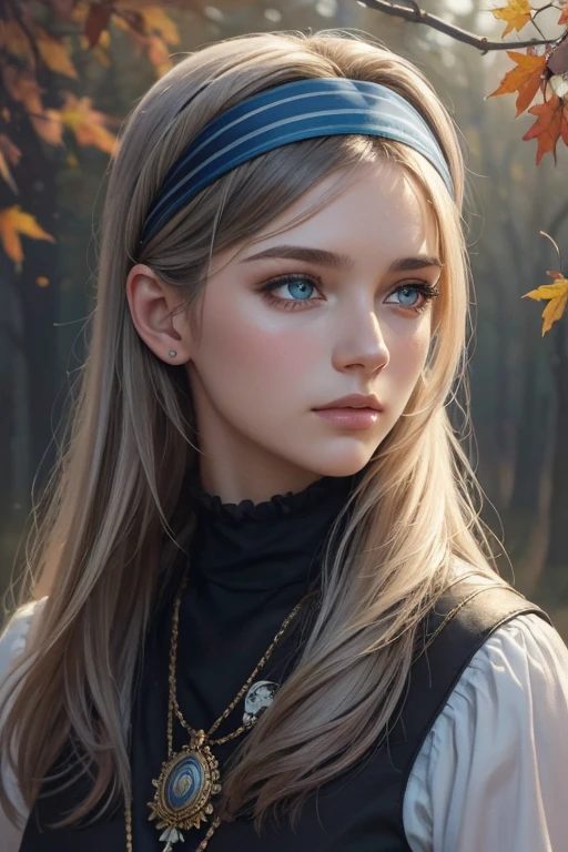(8k, best quality, masterpiece: 1.2), (best quality: 1.0), (ultra-high resolution: 1.0), watercolor, a beautiful woman, (shiny pupils,blue pupils),shoulders, headband, Agnes Cecil, bust portrait, extremely bright design, pastel colors, autumn lights, moody gray, gritty style style Alexei Savlasov, Ivan Shishkin, Ilya Repin, (card retouching: 1.2), 2d, (oil painting: 1.2) highly detailed