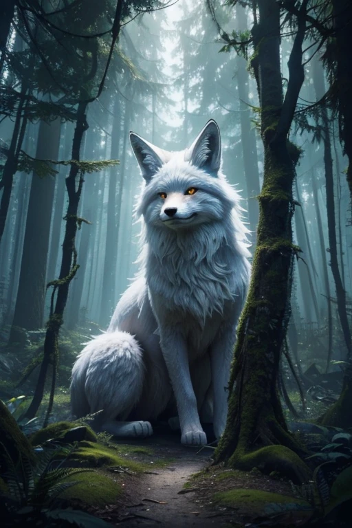 photo of a creature, monster, magic-fantasy-forest, digital art, most amazing artwork in the world, ((no humans)),volumetric light, soft balanced colours, forest scenery, vines, uhd, 8k octane render, magical, amazing, ethereal, intricate, intricate design, ultra sharp, shadows, cooler colors, trending on cgsociety, glowing eyes, ((best quality)), ((masterpiece)), (detailed), fox  with white hair