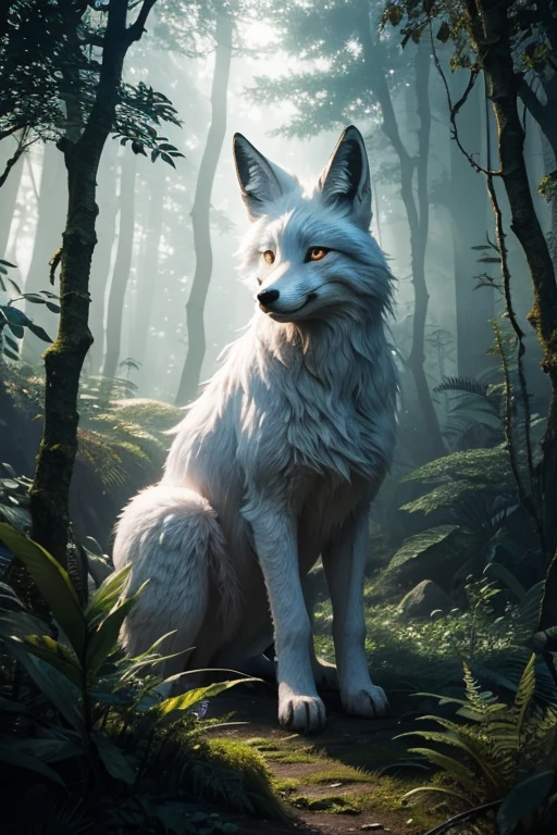 photo of a creature, monster, magic-fantasy-forest, digital art, most amazing artwork in the world, ((no humans)),volumetric light, soft balanced colours, forest scenery, vines, uhd, 8k octane render, magical, amazing, ethereal, intricate, intricate design, ultra sharp, shadows, cooler colors, trending on cgsociety, glowing eyes, ((best quality)), ((masterpiece)), (detailed), fox with white hair