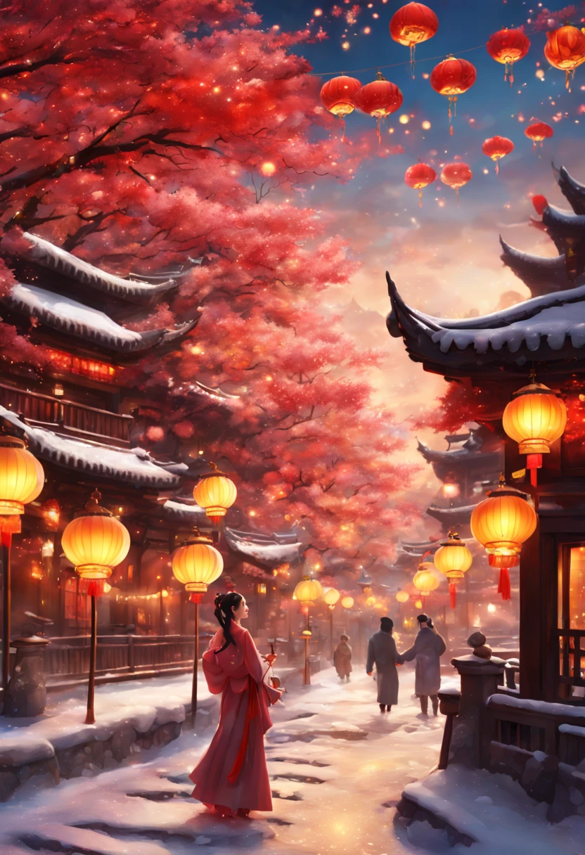 best quality,4k,8k,highres,masterpiece:1.2,ultra-detailed,realistic:1.37,miraculous new year scene,golden fireworks,blossoming cherry trees,snow-covered landscape,warm and cozy atmosphere,Cinderella-like carriage,sparkling fairy lights,festive decorations,joyful children playing in the snow,vibrant red lanterns,happy families gathering,elaborate traditional costumes,delicious festive food,crackling bonfire,chiming bells,cheerful laughter,magical winter wonderland,shimmering  sculptures,enchanting music,exquisite  cuttings,auspicious symbols,lively dragon dance,peace and harmony,filled with love and blessings,abundance and prosperity,elegant calligraphy,splendid peacock feathers,reflection of lanterns on the water,dragon-shaped kites soaring in the sky,dazzling colors and patterns,rooftop dragon sculptures,dancing lion,auspicious clouds swirling,mystical moonlight,artistic ink paintings,unforgettable memories。