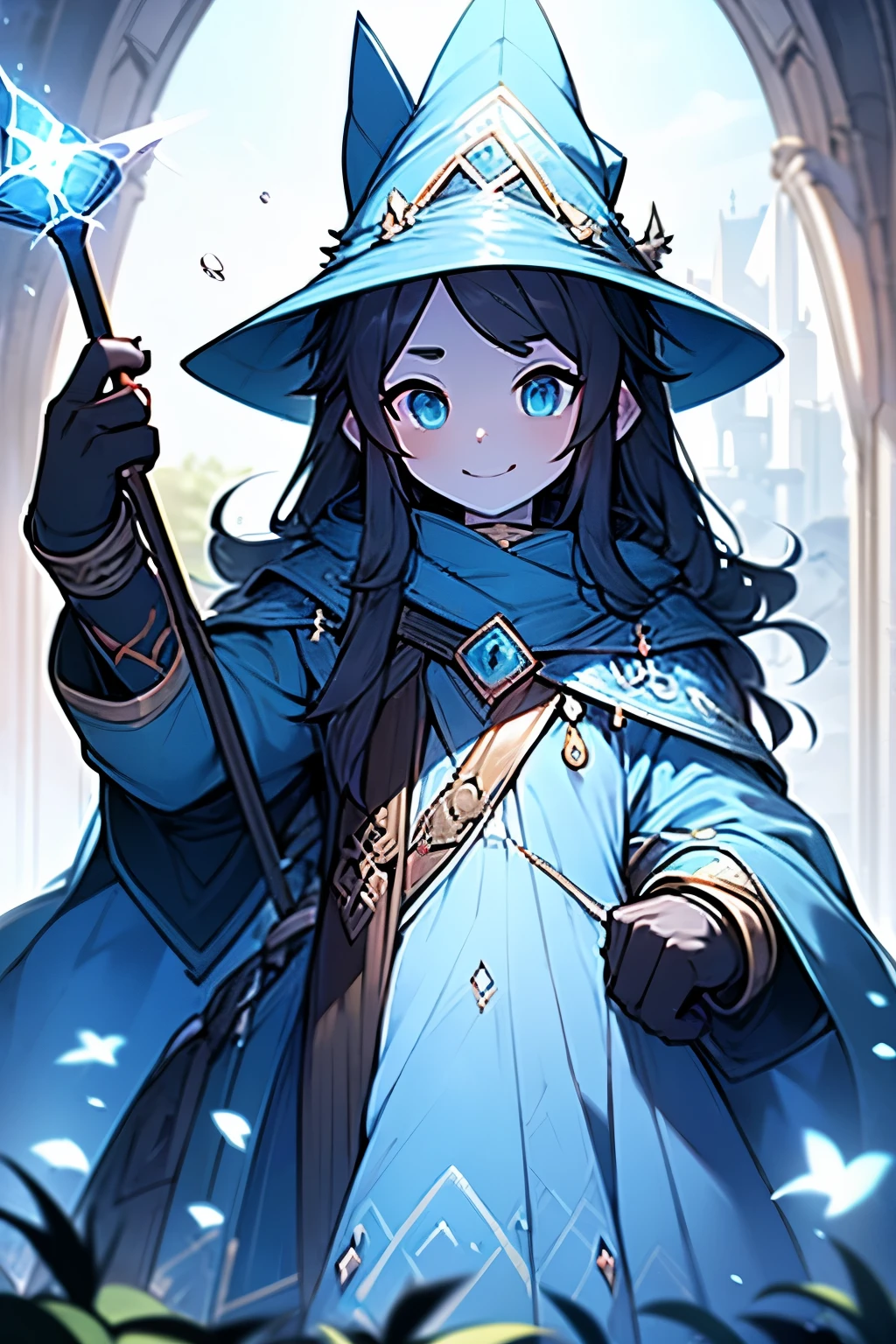 Humanity，teens girl，Wearing a wizard hat，holding a staff，Wearing sky blue robe，Mage image，Has long black hair，Elegant posture，Kind and elegant，Calm smile