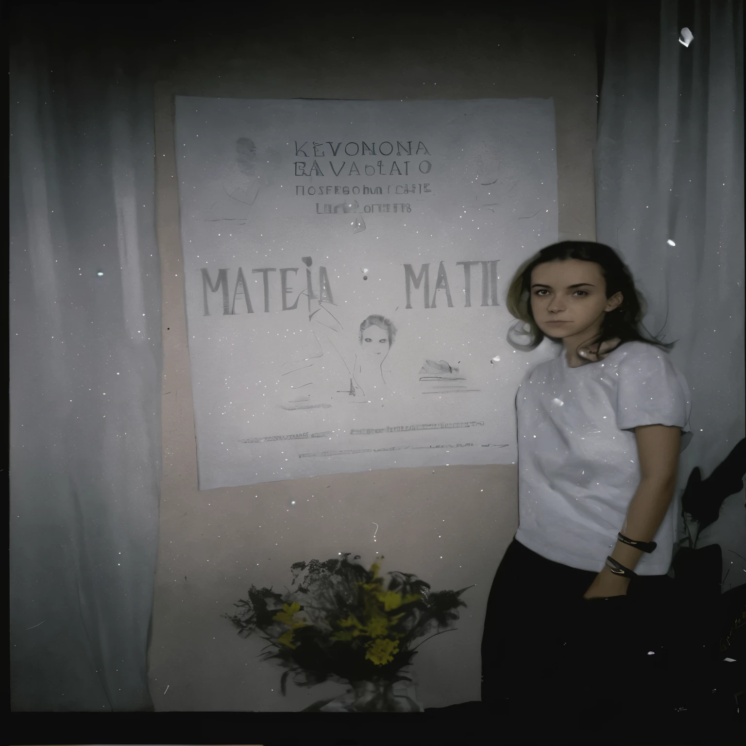 there is a woman standing next to a poster on a wall, martina fackova, mattey, marta syrko, a poster, ney matogrosso with malice, maria panfilova, 90's photo, marina federovna, around 1 9 years old, inspired by Eszter Mattioni, anastasia ovchinnikova