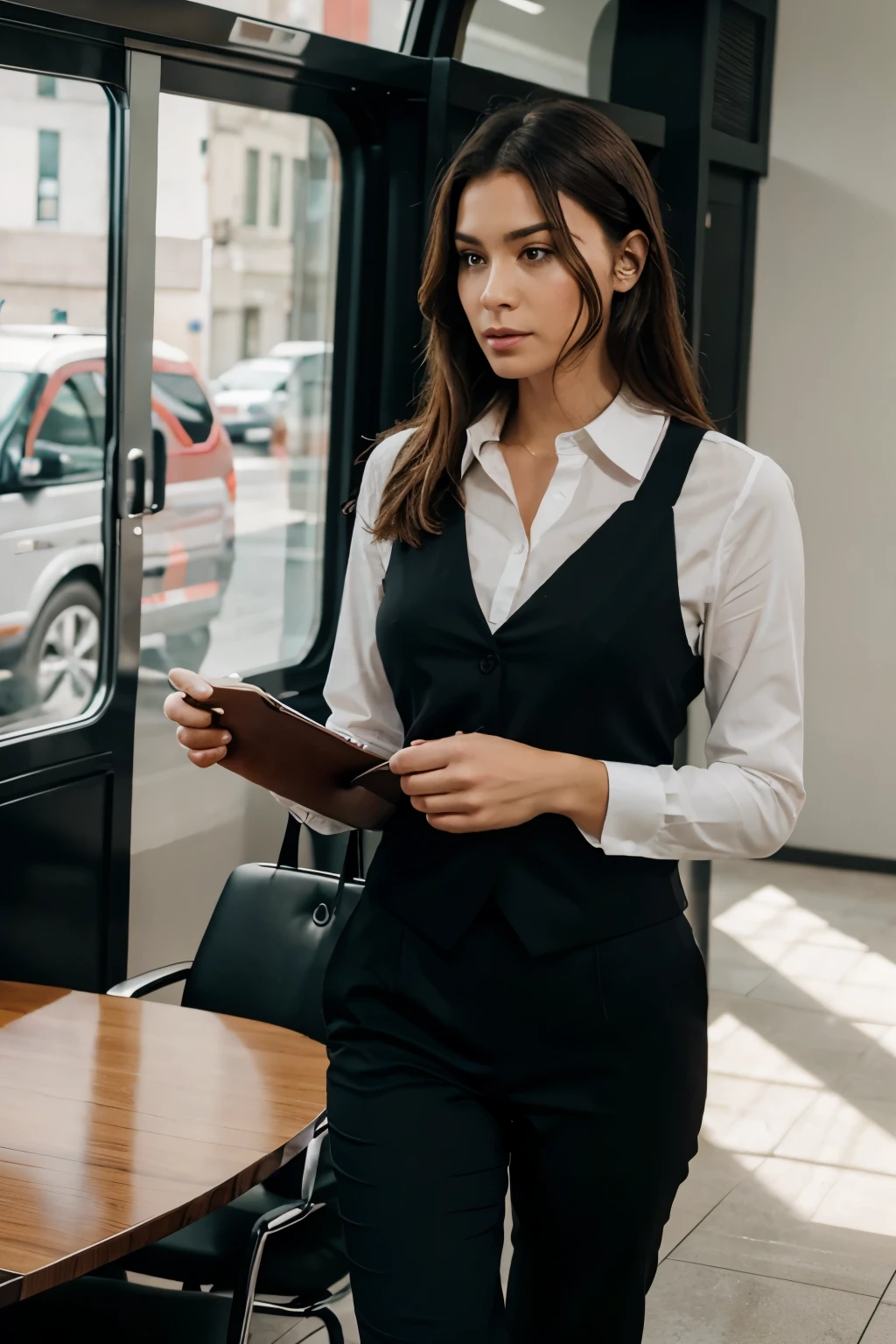 Emasculate, dominant confident man with that huge shoulders well tamper with the bus cut haircut wearing a black suit walking into the meeting as well as people sitting in the table