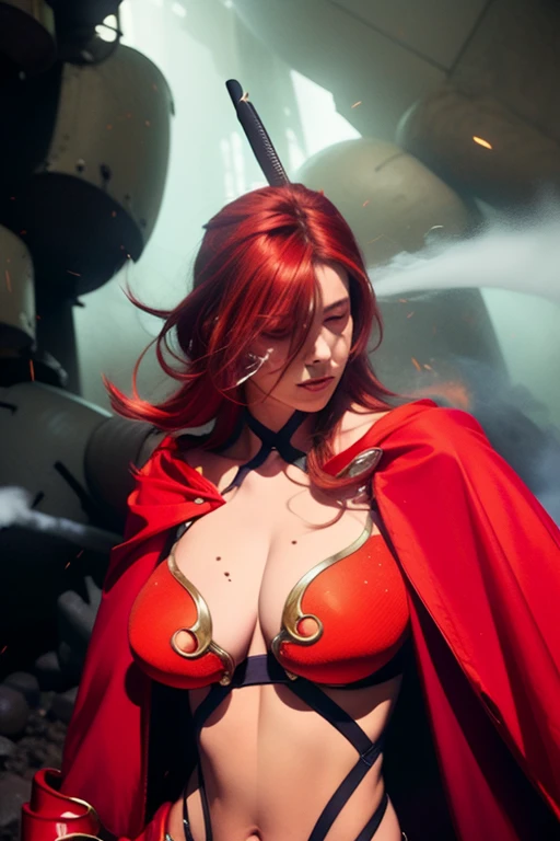 (masterpiece, best quality:1.2), 1girl, satanx, dramatic lighting, god rays, dark, smoke, mist, fog, fantasy landscape, (embers), magma, light particles, breasts, red bikini armor, red cape, cowboy shot, annoyed, soft particles 1nf3rnalAI