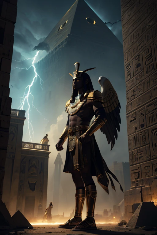 There is a man in a costume standing in front of a building, picture of des ghost, Anubi Horus, Egyptian god, the god Horus, the Egyptian god, Portrait of Horus, Angry god Horus, Storm Egyptian god, Pharaoh, Egyptian god of wind, god egypt, mystic bi horus valkyrie, reptilian anubis
