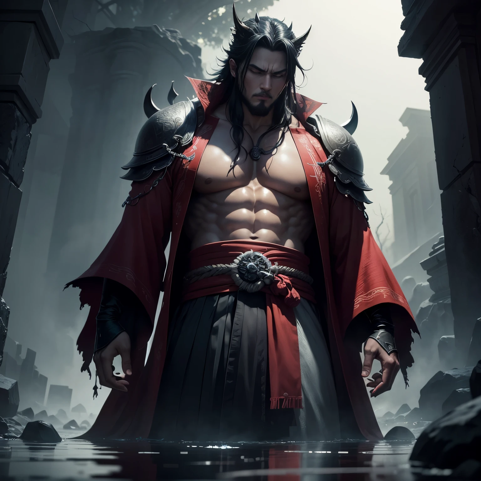 Rikudou Sennin inovador, inspirado no Budismo, imposing presence, sabedoria transcendental, Oni influences with a Demon Lord touch, exuberant Japanese gothic style clothing, em um ambiente desafiador, in the atmosphere of stone ruins. Detalhes meticulosos capturam a textura das pedras, creating a captivating HD visual experience, 8K, where every shadow and reflection contributes to the intensity of the dark and surrounding scene.