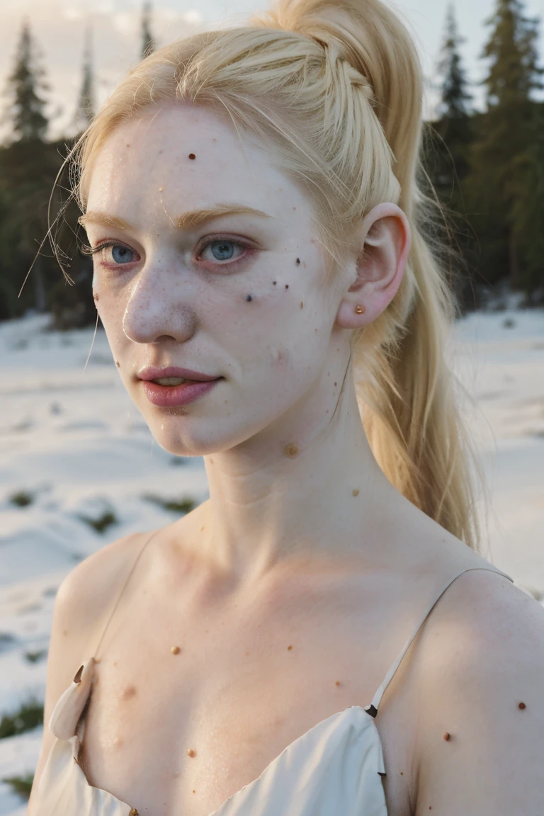(pale white:1.5) dbwl woman  with (pale_white_skin:1.5),

[(beauty_marks:1.3):(light beauty_marks:.01):8],
[(pale white skin:1.5) (with many moles:.01) (and beauty_marks:.01):3], 
 [(Natural light_blonde_hair:1), (light_blonde_eyelashes, light_blonde_eyebrows:1.3):4], [(blue_eyes:1):4], 
Nordic Scandinavian albino,

 (medium shot:.7), (full body shot:1),
Clean face, (ponytail_hairstyle:1.3), 

 detailed_skin, (fit:1), (sunny:1.1), front light, well lit, bare arms, arctic, (snow), outdoors, nature, Scandinavia, unedited photograph, detailed, happy, dress, high resolution, photograph, RAW photo, in frame, 

BREAK 
[(large beauty_marks:.01), (many large light moles:1.58):8],
