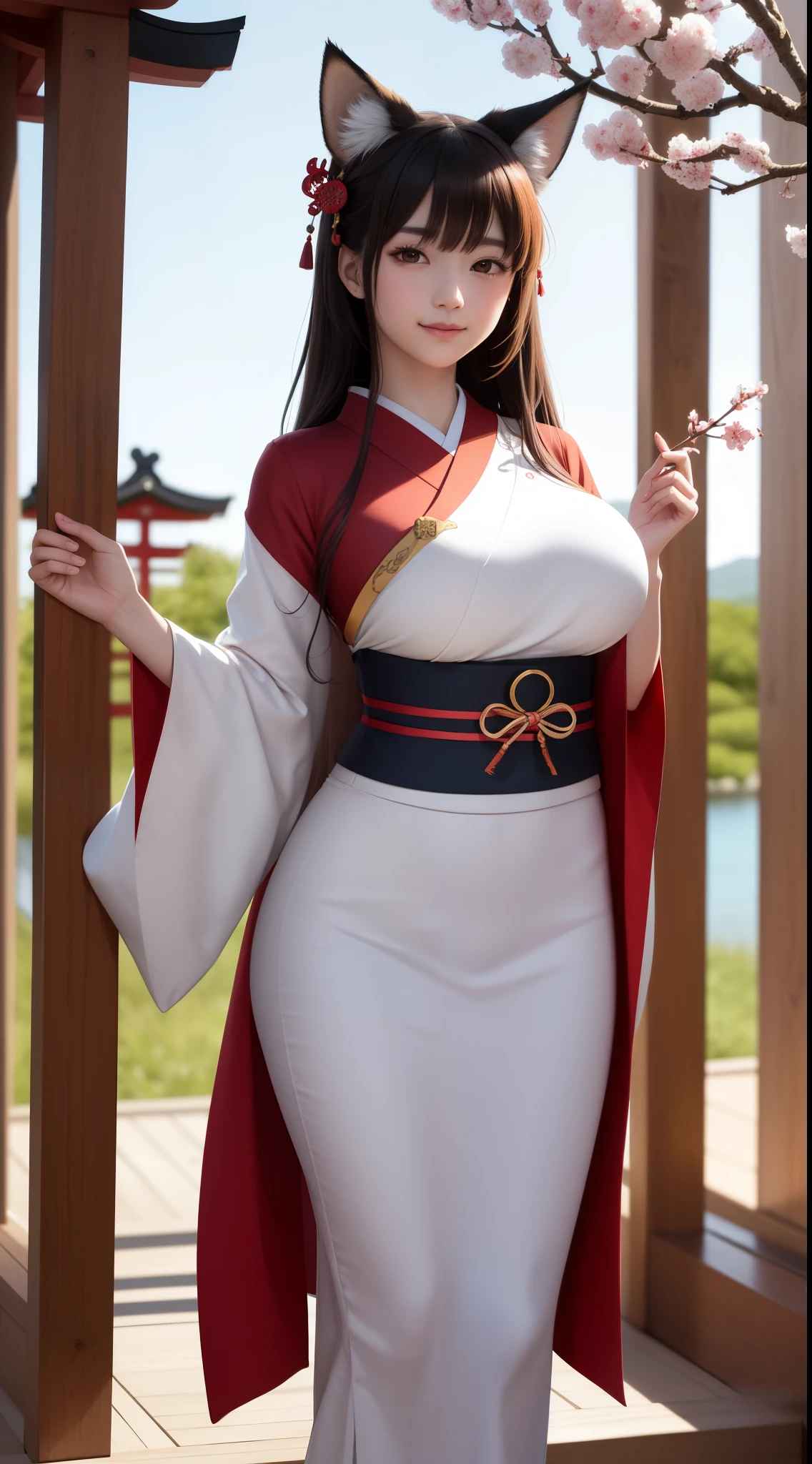 Illustration of a young fox shrine maiden standing in front of a traditional Japanese torii gate, wearing a flowing white and red kimono with fox ears and a tail, holding a sakura branch with blossoms. She gazes at the viewer with mesmerizing golden eyes, carrying an aura of mysticism and grace.0 smile, big breasts,