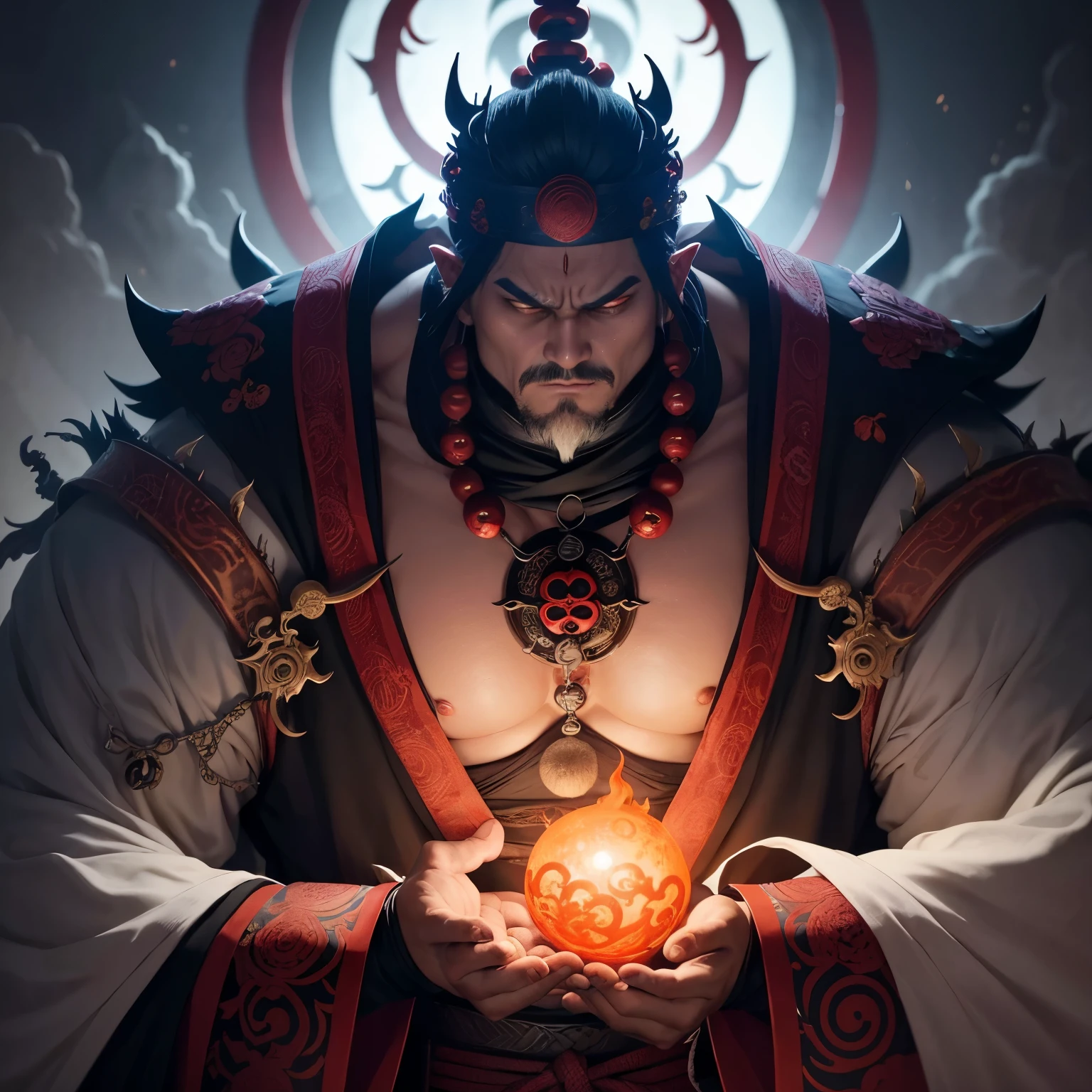 Rikudou Sennin inovador, inspirados no Budismo, imposing presence, sabedoria transcendental, Oni influences with a Demon Lord touch, exuberant Japanese gothic style clothing, unique combination of eastern spirituality and dark aesthetics, captivating creation with exceptional HD image quality, 8K."
