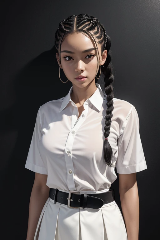 (masterpiece, best quality: 1.2), yoru(chainsaw man),(very detailed face, real image, realistic skin, realistic body, intricate details), red eyes (intimidating look), light blush, social clothing, semi-open button-up shirt (White), white bra, Skirt (black), black belt with buckle, big hair (stuck with braids), small breasts, close-up, large thighs, classroom, blackboard.