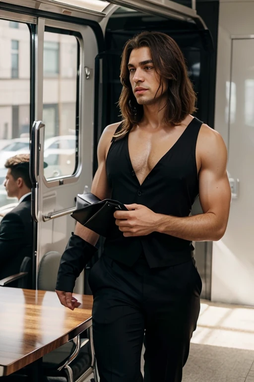Emasculate, dominant confident man with that huge shoulders well tamper with the bus cut haircut wearing a black suit walking into the meeting as well as people sitting in the table