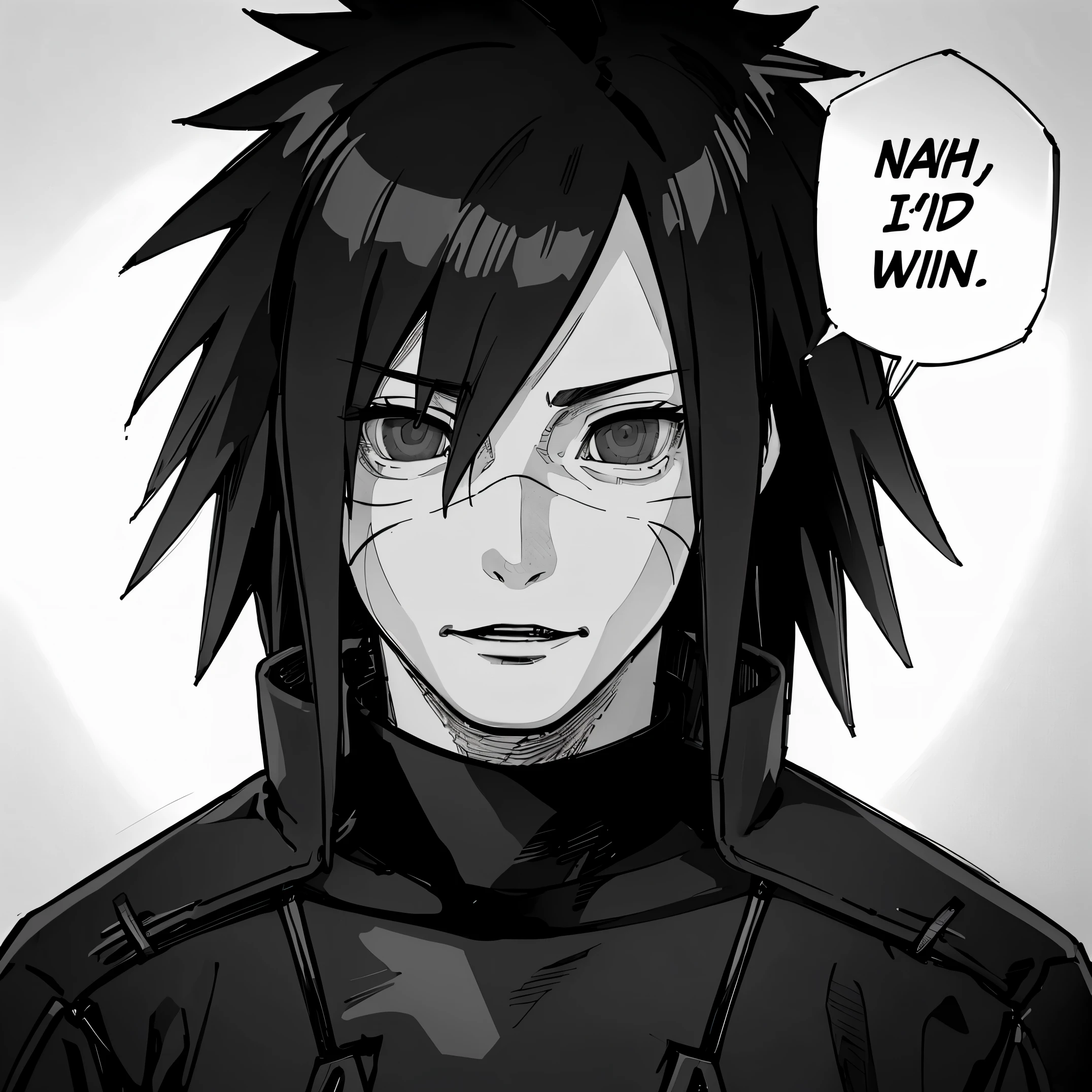 (masterpiece, best quality:1.2), monochrome, greyscale, nahidwin, speech bubble, english text, close-up, solo, male focus, 1boys, madara uchiha