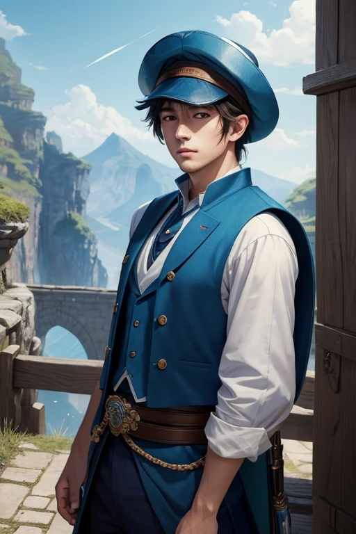 (masterpiece),(best quality:1.0), (ultra highres:1.0), detailed illustration, 8k, anime, masterpiece, wearing a wide blue hat over head, detailed hat, best quality,(wanderer:1.2), letterboxed, (genshin impact), 1boy, male focus, solo, vest,(kbxll:0.5), anime style, vibrant