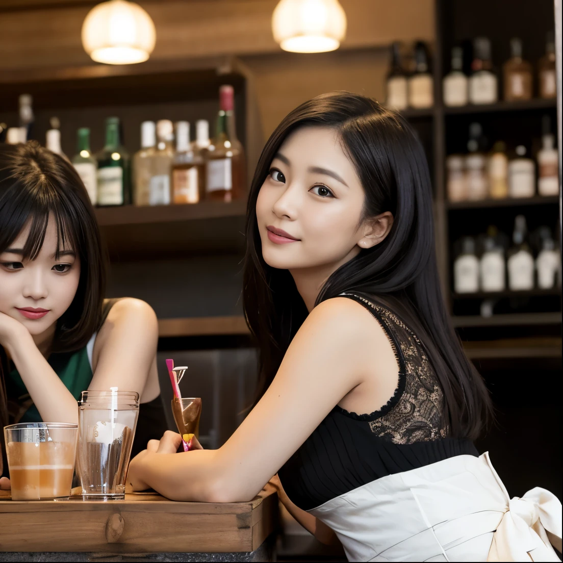 Two women sitting in a cafe with bottles of drinks in the back, ayami kojima and lyde caldwell, beautiful alluring female,Cafe clerk, zeen chin and terada katsuya, Asian Women, Facing straight ahead, Japanese, nixeu and sakimichan, looking partly to the left, with black, candid shot, exclusive, Cafe clerk女性, Beautiful women