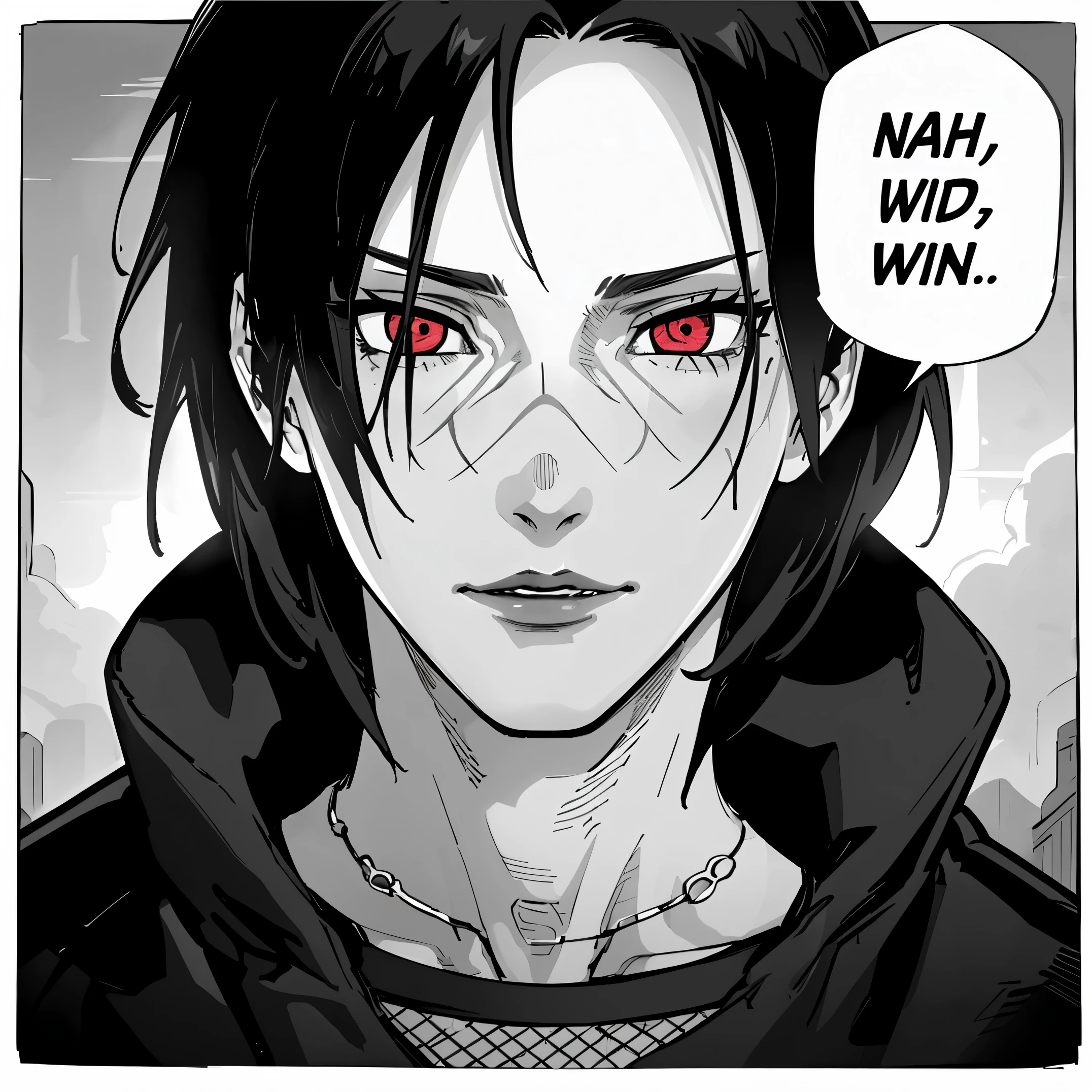 (masterpiece, best quality:1.2), monochrome, greyscale, nahidwin, speech bubble, english text, close-up, solo, male focus, 1boys, itachi uchiha, sharingan eyes,