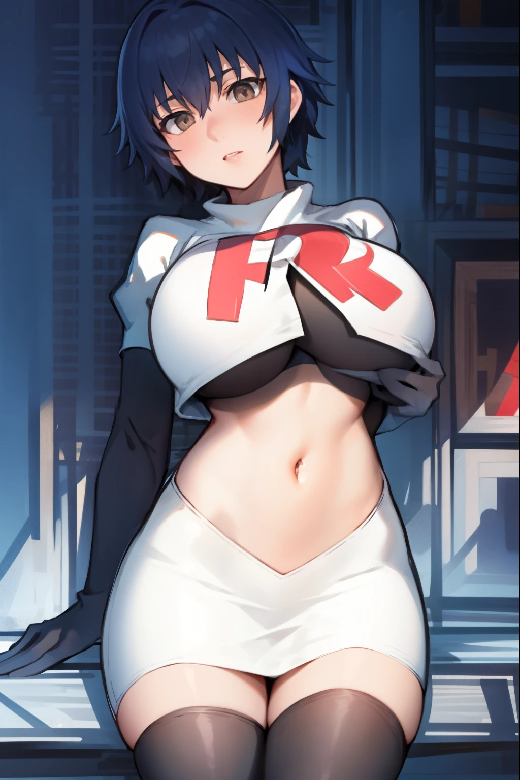 shiroganenaoto,1girl,solo,large breasts,heavy blush,(grey eyes:1.2), team rocket,team rocket uniform, red letter R, white skirt,white crop top,black thigh-highs,black elbow gloves