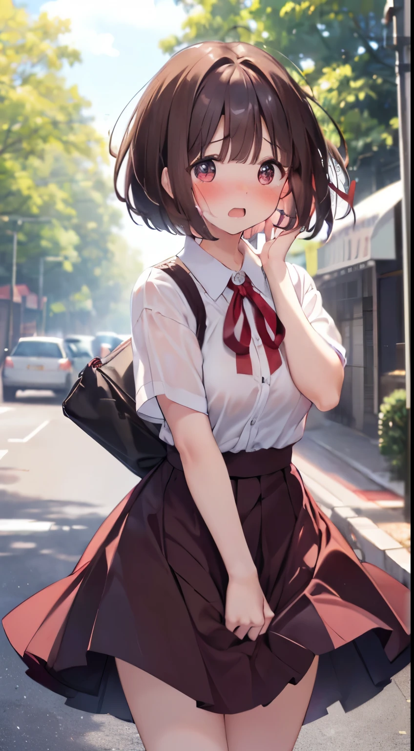 1womanl,Brown hair,Red ribbons ,((Surprised look)),Beautiful breasts,White shirt,Red dress,well-styled,,(Facing the front)(((Blushing cheeks、embarassed expression)),(((The skirt is rolled up by the wind)))、A dark-haired、Long bob cut、