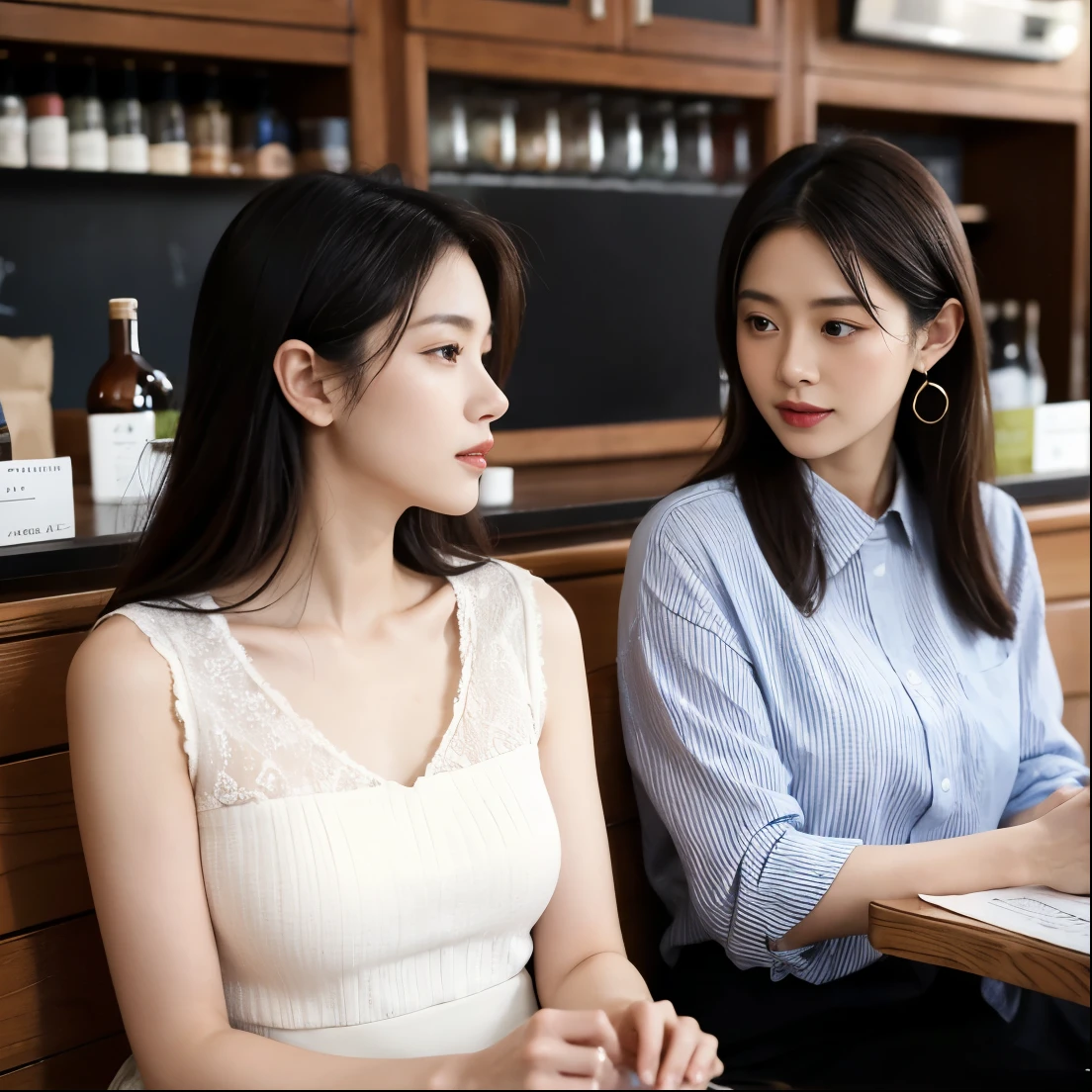 Two women sitting in a cafe with bottles of drinks in the back, ayami kojima and lyde caldwell, beautiful alluring female,Cafe clerk, zeen chin and terada katsuya, Asian Women, Facing straight ahead, Japanese, nixeu and sakimichan, looking partly to the left, with black, candid shot, exclusive, Cafe clerk女性, Beautiful women