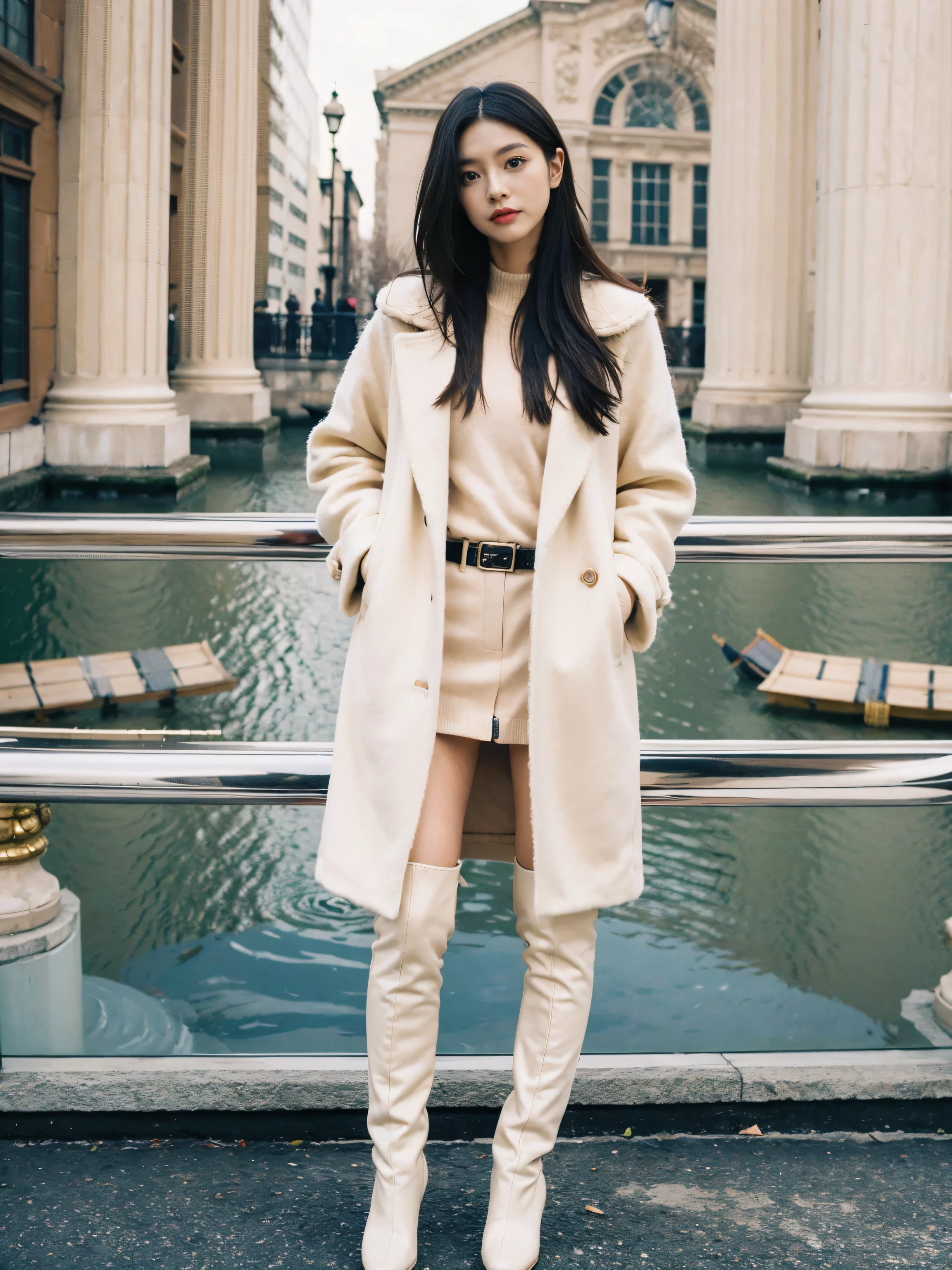 Best quality at best,tmasterpiece,超高分辨率,(actual:1.4),RAW photogr,hyper HD,8K,There is one girl,Stylish clothes,Chanel style,Stylish skinny suit, Long coat,high-class fashion,ellegance, tigh-high boots,Over-the-knee boots,Casual pose,legs long