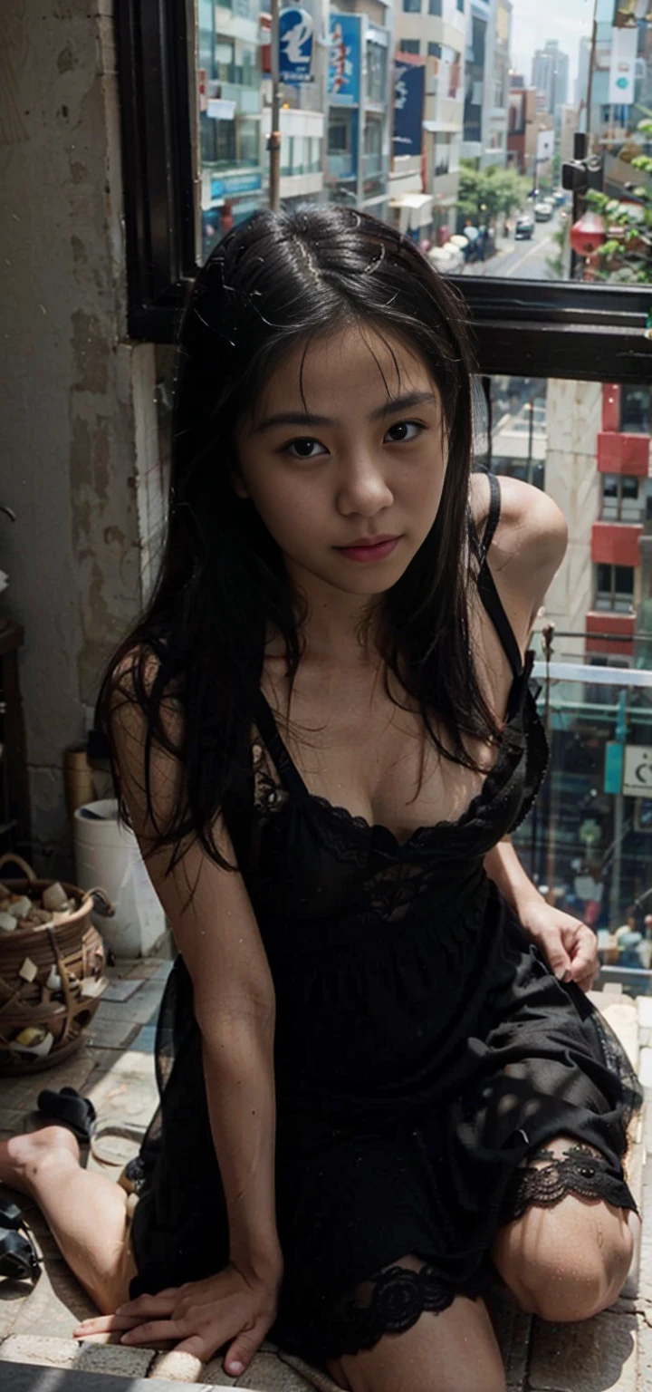 (From a straight above, bird's-eye perspective), 1girl, Realistic Chinese pretty teenage girl,12-years old, black colour silk lace nightdress, erotic, small breast, knelt on the floor, eye gazing up to the camera, sweat on body, sweat on breasts, greasy breasts, greasy body, waiting for punishment, from above, beside the window, holding breasts with two hands