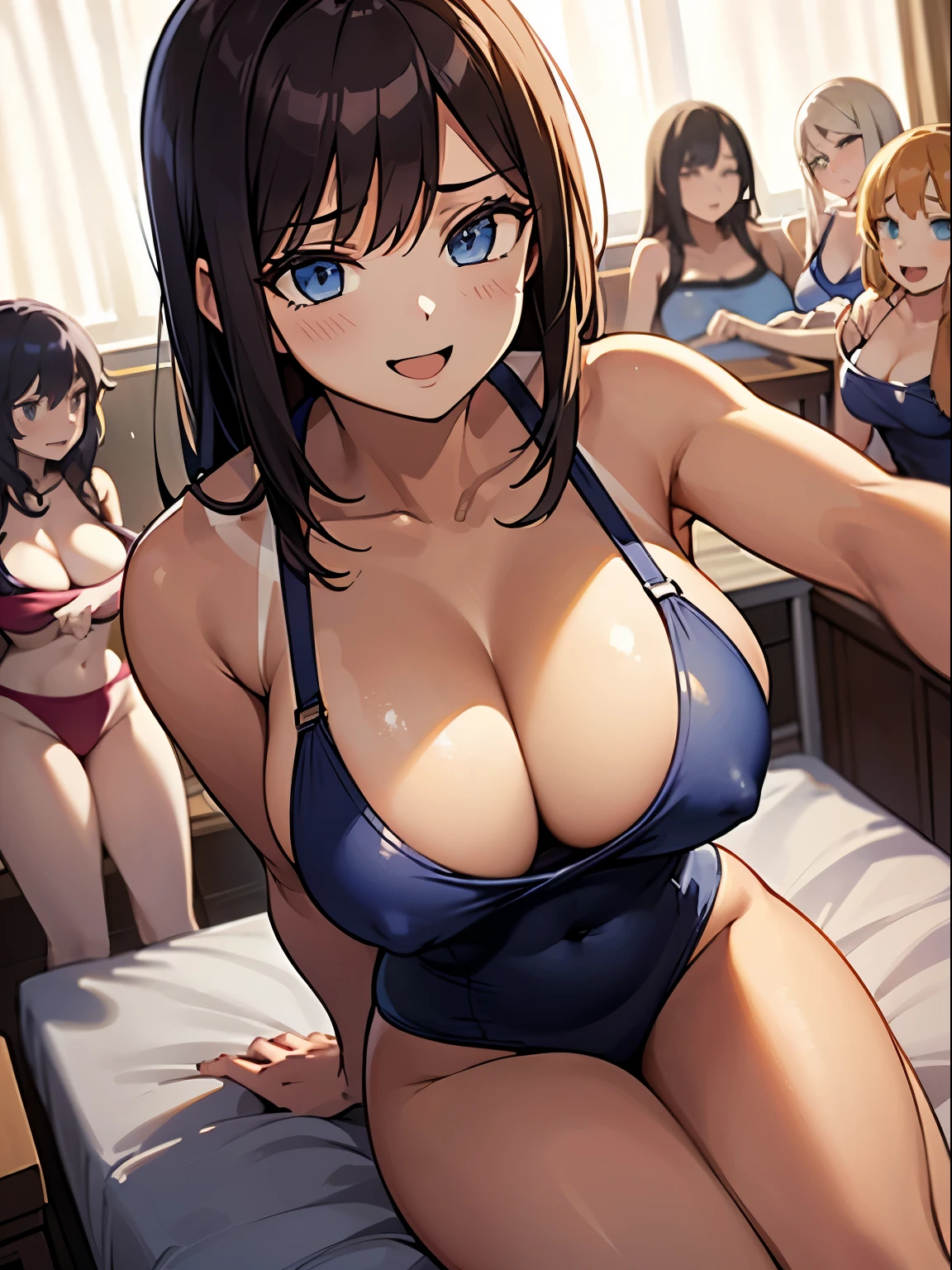 (Masterpiece), Best Quality, (Colorful:1.1), (5 girls, Group photo:1.4), ((seduction))、((scornful look))、((approach her boobs))、((huge-breasted:1.3))、(cleavage of the breast)、(tanned brown skin:1.2、one-piece tan:1.2)、A dark-haired、medium hair、red blush、Open Mouth、((smiling face))、aroused、cleavage of the breast、white school swimsuit:1.2、hotel、bed room、sitting、Angle from above、((message her boobs herself))、(Provocative pose)、((approach her boobs))、disgusted eyes、((Seduction.))、(scornful look)、