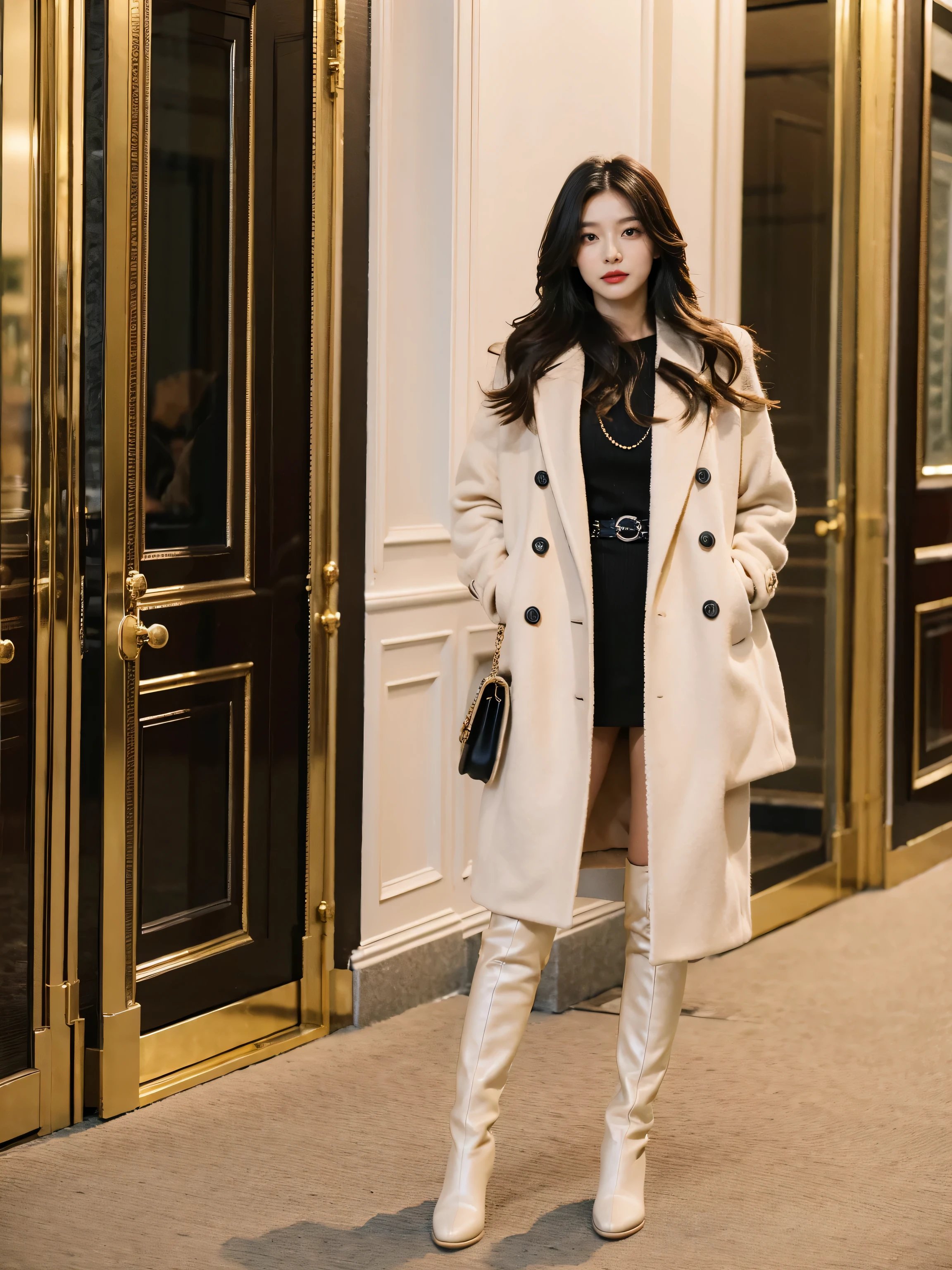 Best quality at best,tmasterpiece,超高分辨率,(actual:1.4),RAW photogr,hyper HD,8K,There is one girl,Stylish clothes,Chanel style,Stylish skinny suit, Long coat,high-class fashion,ellegance, tigh-high boots,Over-the-knee boots,Casual pose,legs long