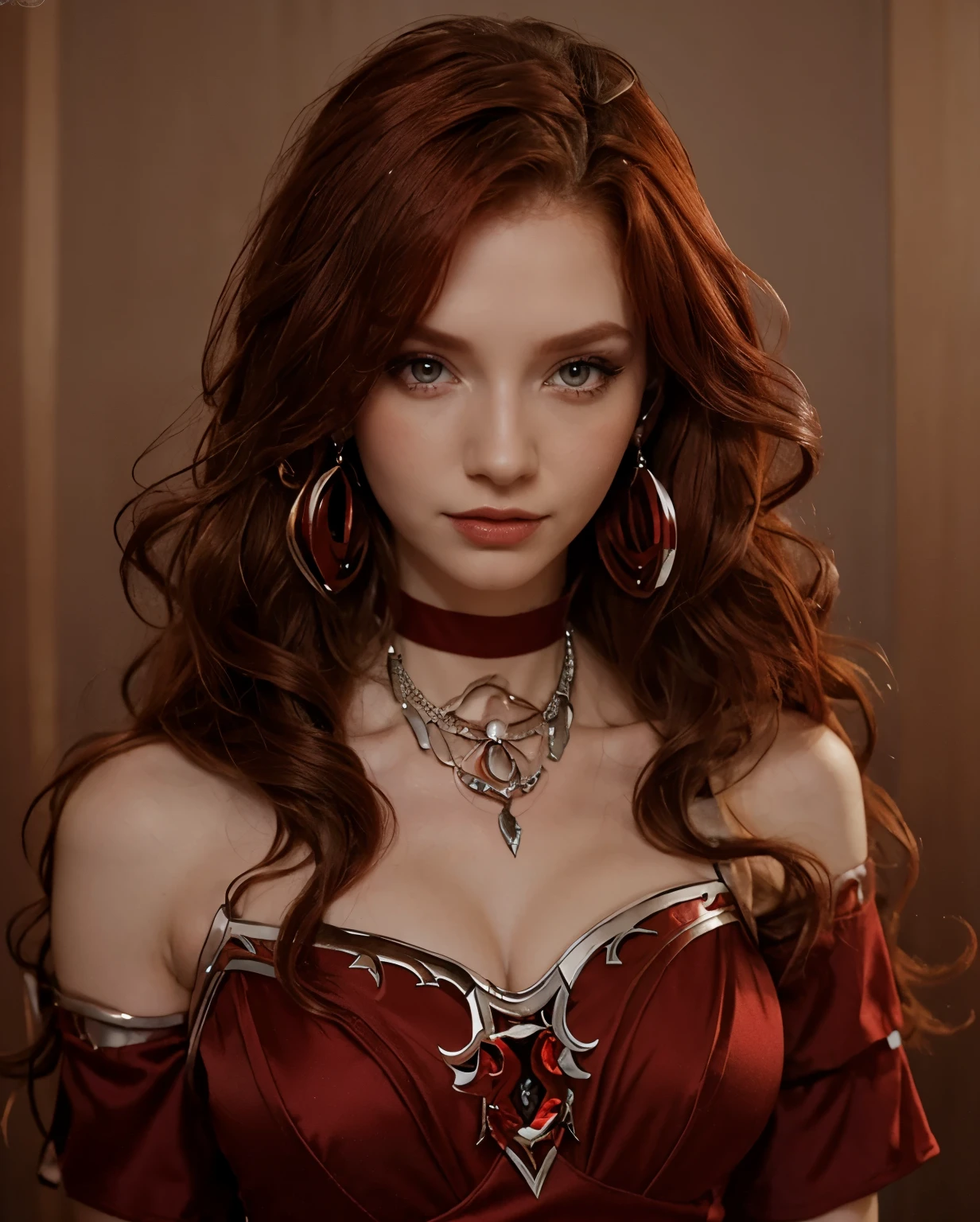 Close up of buetifull womam, long blood red hair, pale skin, wearing red dress, wearing necklace, red colored pupils, wearing makeup, wearing silver colored earings, wearing blush makeup,