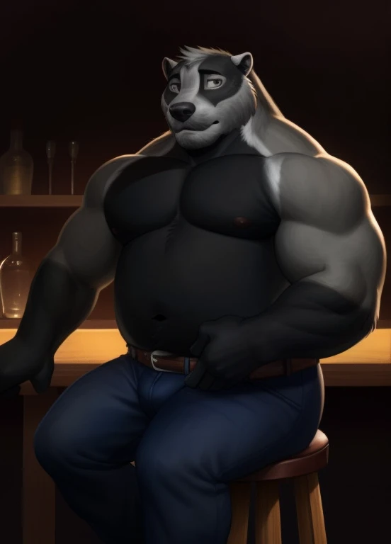 nikolai krol, solo, bara, plump, fat, black fur, (pose:1.osing:1.3), (soft shading), 4k, hi res, ((detailed face, (detailed eyes:1.0), detailed)), (full body), by zackarry911, by zaush, (by personalami:0.5), solo, looking at viewer, no shirt, 1boy, male focus, cowboy shot, belt, pants, denim, bulge, jeans, bar background, sitting on stool, nipples