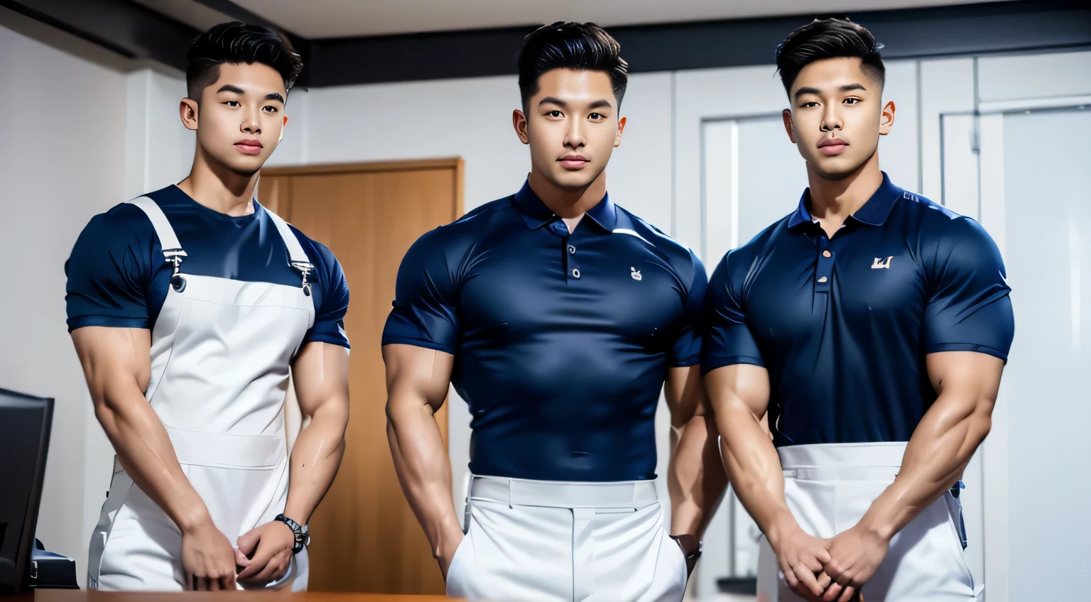 tmasterpiece: 1.2),(computer generated art:1.3),(actual:1.5),(Post-processing:1.3), (Focus Clear:1.3), 1人, (short sleeve tie suit), navy blue overalls, Young Koreans , Korean men, (high shadows detail), chest muscle, Big arm muscles, blood vessel, large muscle, Wide shoulders, looking at viewert, balance eyes, nightclub, Liman, cafe shop